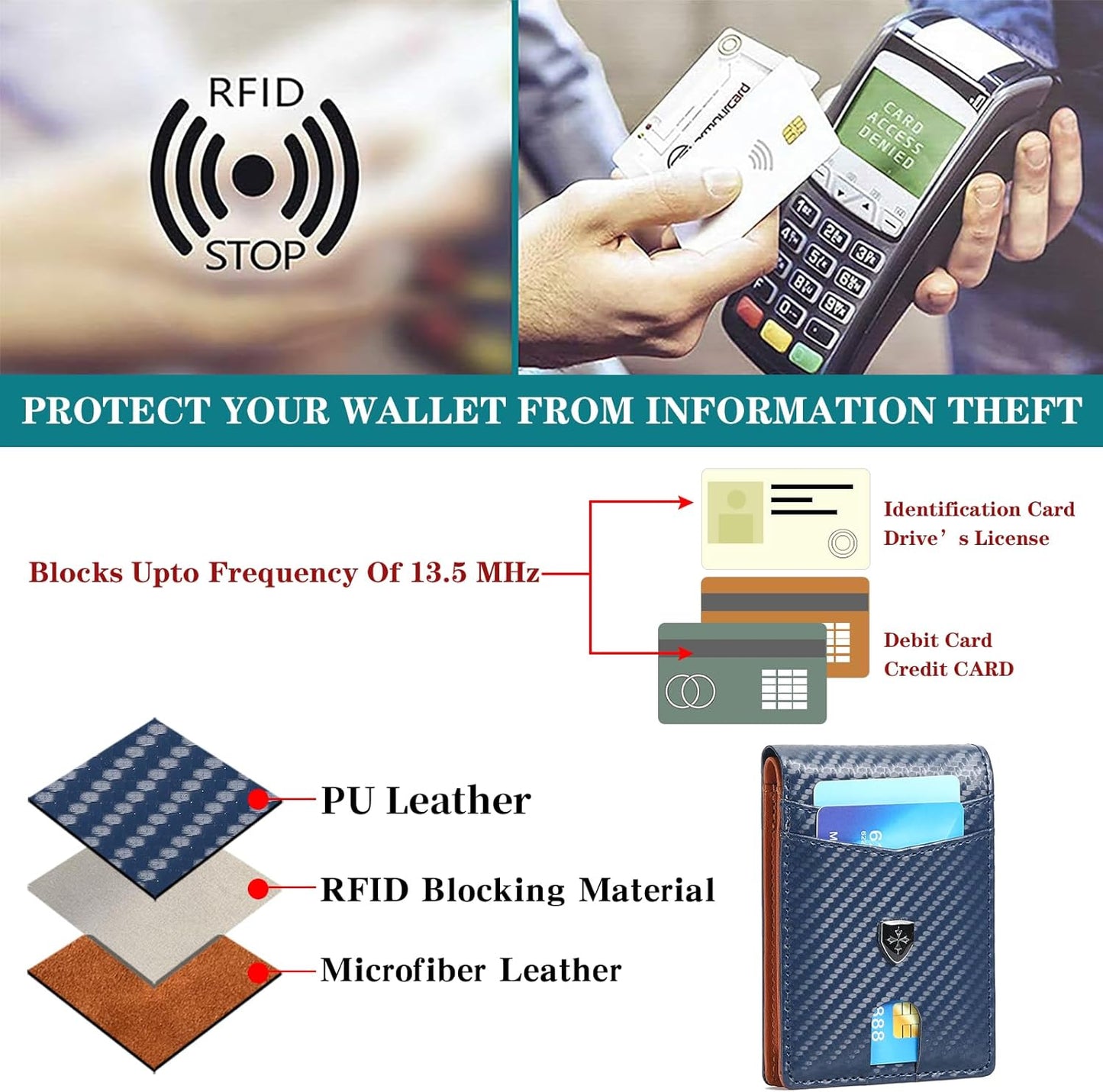 Mens Wallet Leather Credit Card Holder Slim Bifold RFID Blocking Front Pockets Minimalist Wallets for Men with ID Window