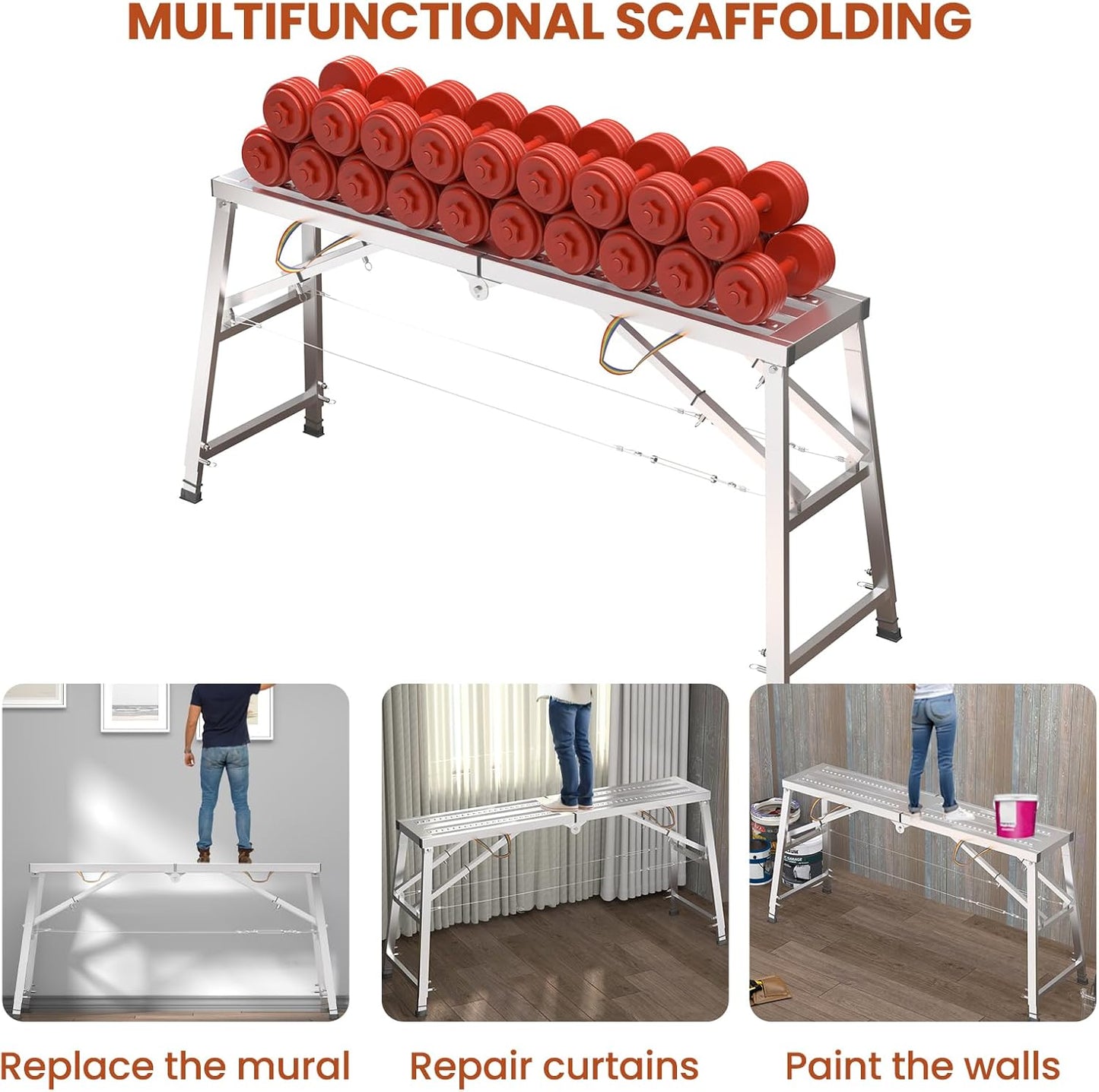 Adjustable Scaffolding Platform, 71" L x 15" W x 35"-57" H Alloy Portable Multi Purpose Work Platform with Double Rope, 800 lbs Load Capacity Folding Work Bench for Car Washing, Repairing, Painting
