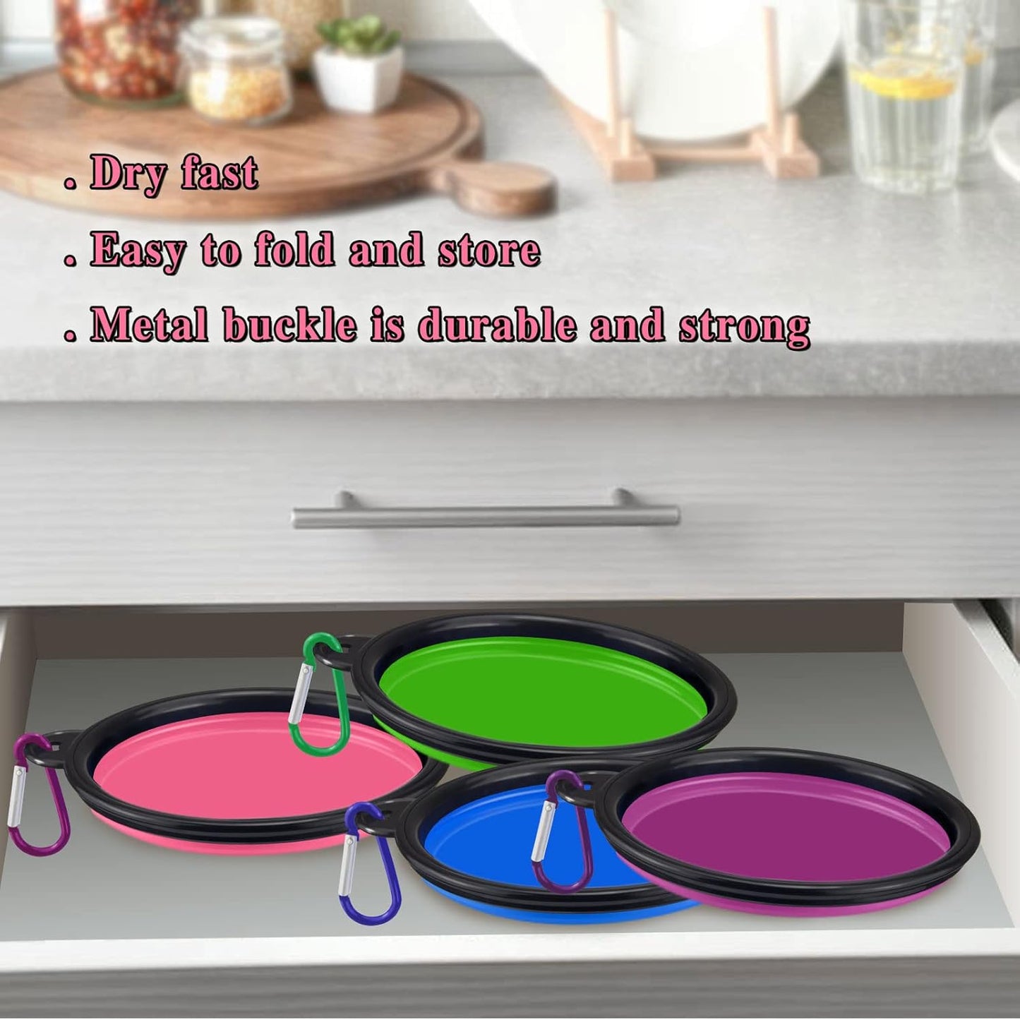 LAVAED 4 Pack Collapsible Dog Bowl Portable Foldable Travel Pets Bowls Cats Water Feeding Food Bowls Silicone Expandable Cup Dish Puppies for Walking Camping Outdoors with Carabiner Clip
