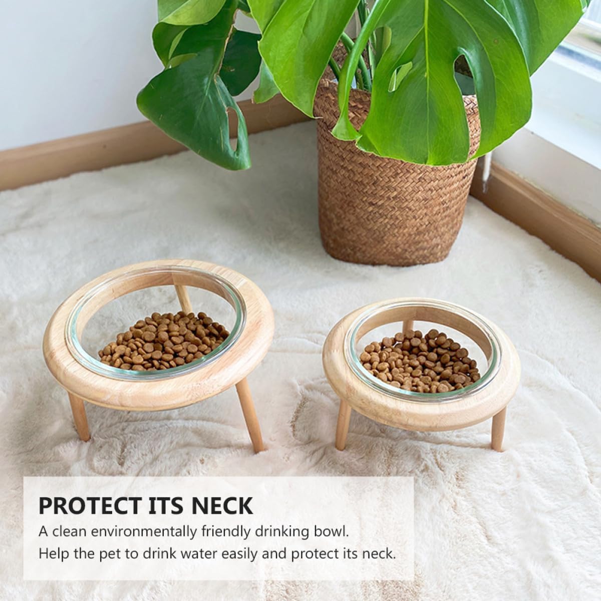 Milisten Glass Raised Pet Bowl with Wooden Stand 17.8cm 800ml Non-Spill Water Feeder and Food Dish for Cats and Dogs Elevated Feeding Supplies
