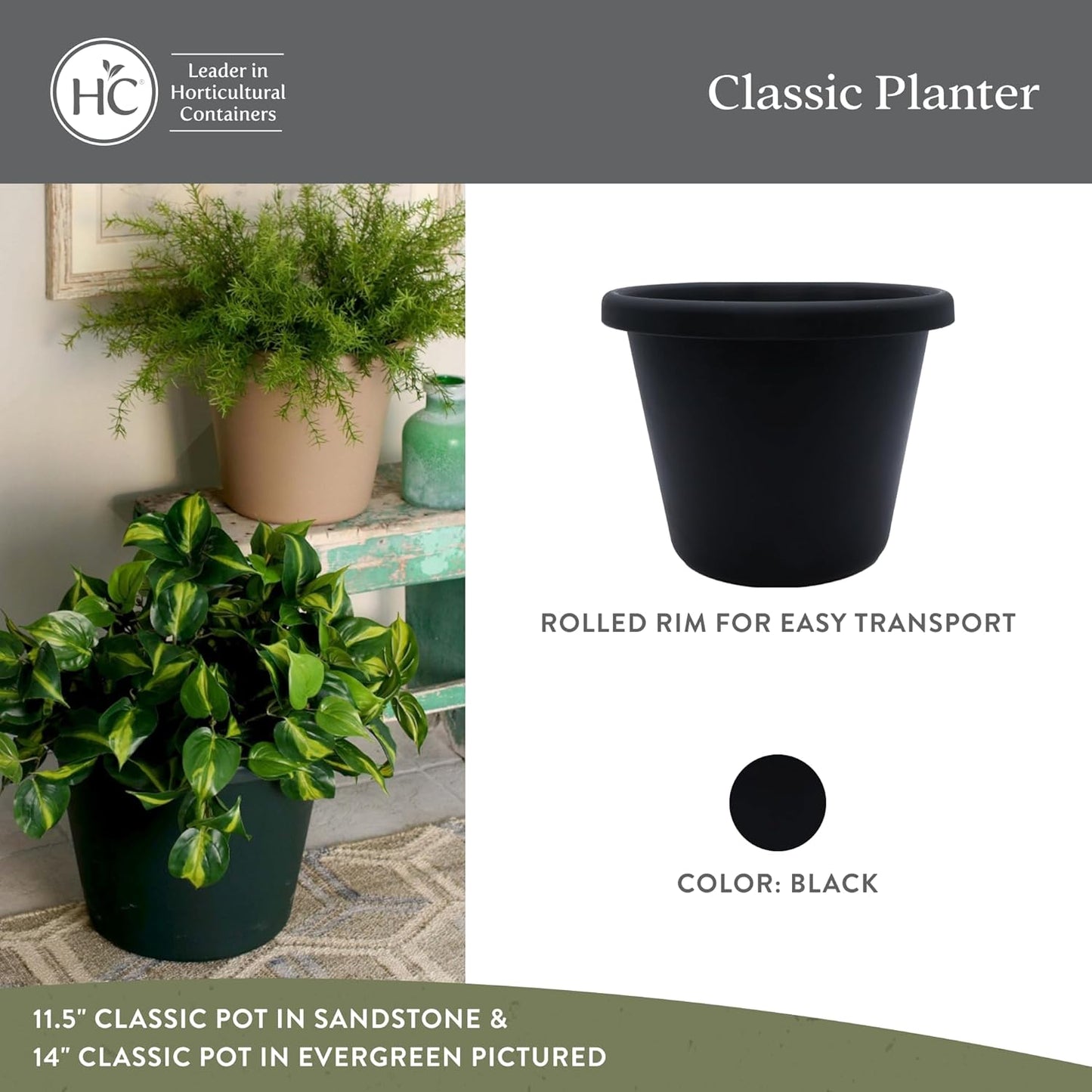 The HC Companies 14 Inch Classic Round Planter Pots with Drainage, Rolled Rim Plastic Planters for Indoor & Outdoor Plants, 2-Pack Decorative Flower Pots for Garden, Office & Home Decor, Black