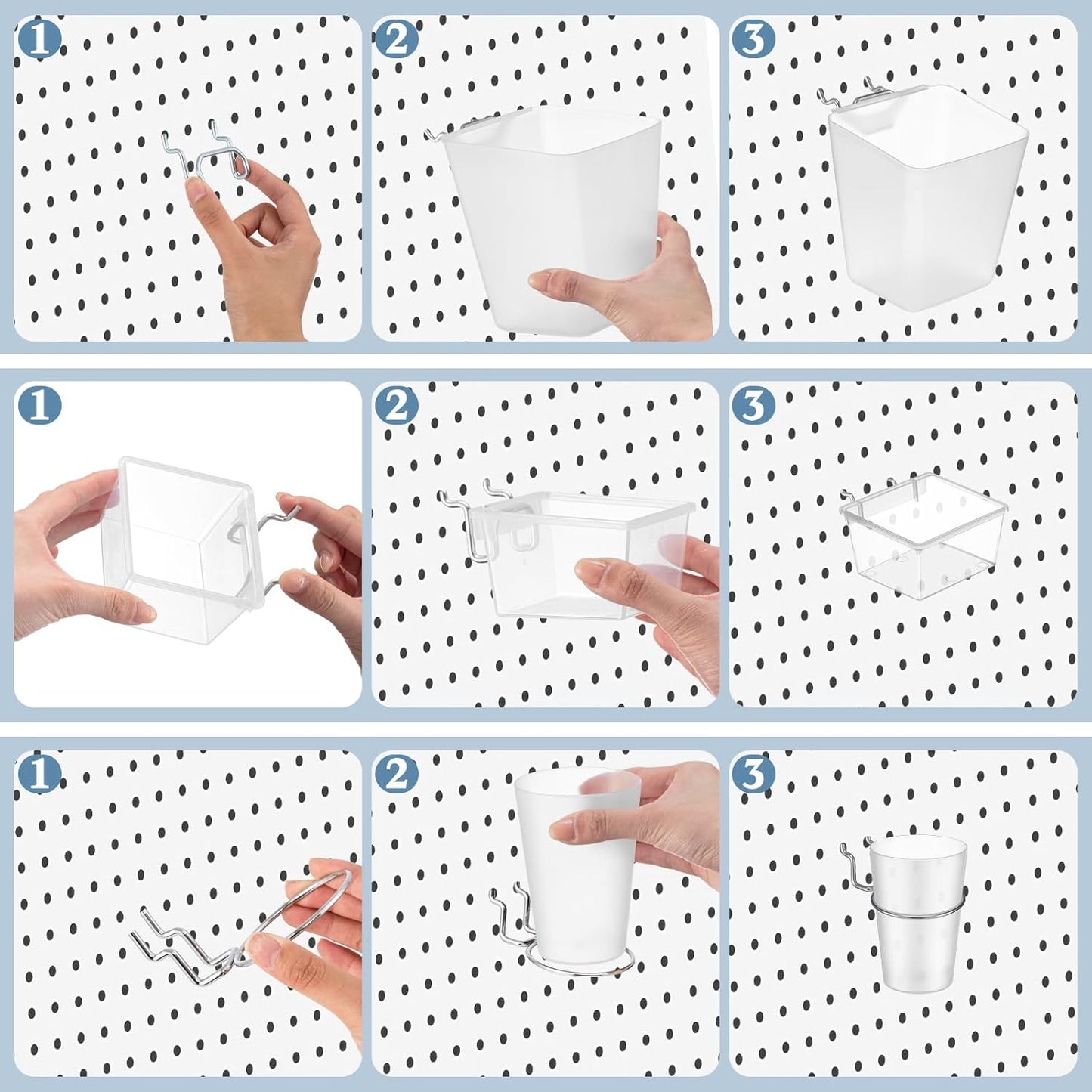 Jinei 12 Pcs Pegboard Bins and Cups with Hooks and Loops Peg Assortment Organizer Accessories Various Tool Organizer Pegboard Basket Set for Garage Workshop Workbench Office(Translucent)