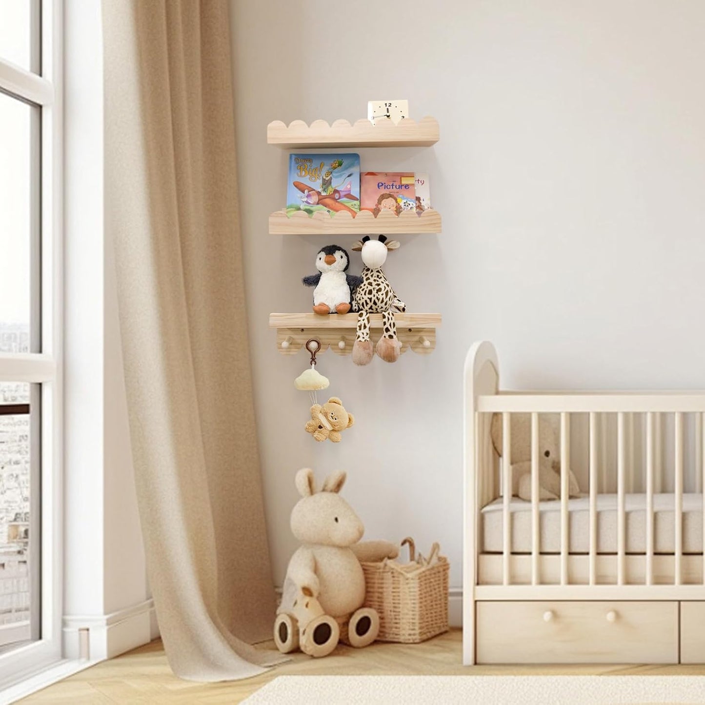 Nursery Shelves for Wall with Hooks-Scalloped Wall Book Shelves for Bedroom Kids Set of 3, Nursery Furniture Must Have, 16 Inch, Natural