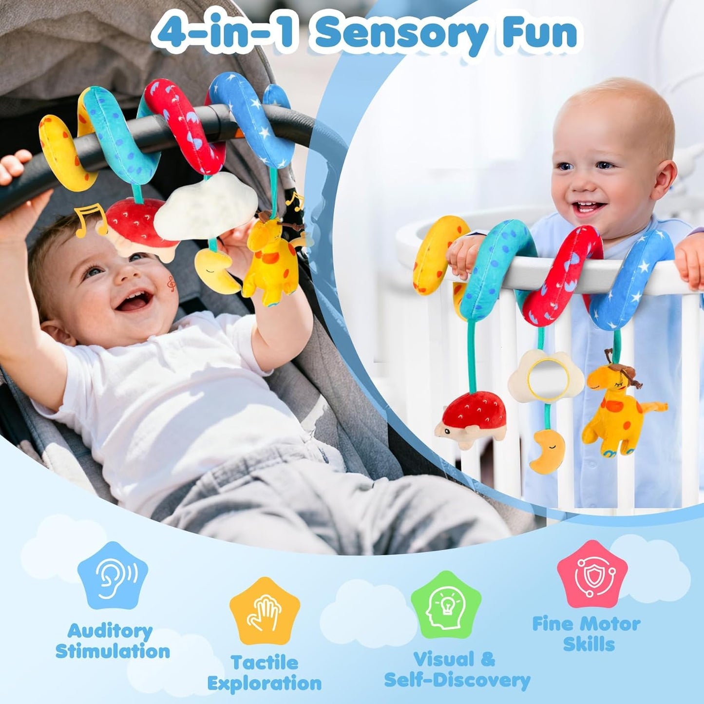 URMYWO Car Seat Toys for Babies 0-6 Months, Hanging Toy Fits Stroller, Sensory Baby Toy with Bell Crinkle Mirror, Baby Travel Gear Shower Gift for Boys Girls, Easter Basket Stuffers