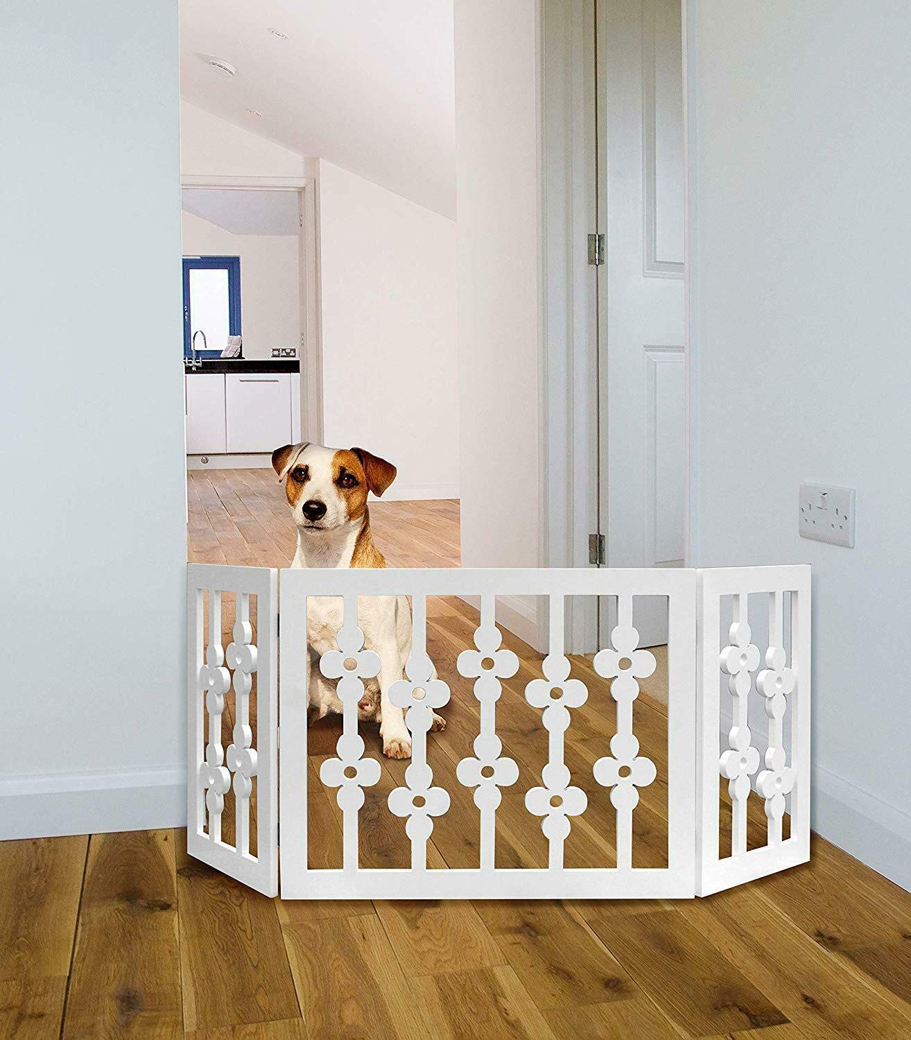 Freestanding Pet Gate for Dogs - Wooden Folding Decorative Fence for Doorways, Halls, Stairs Barrier- Step Over Divider (White Floral)
