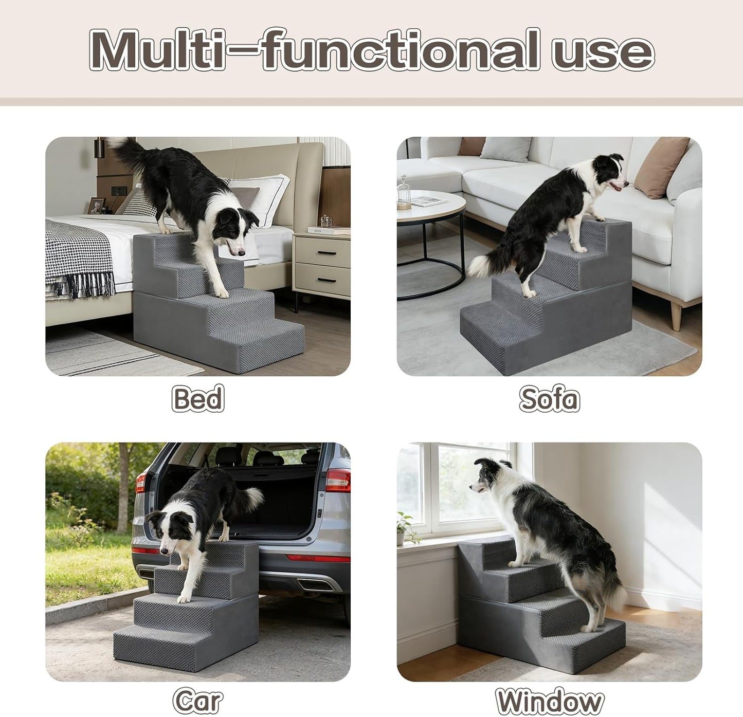 PawComfort 4-Step Pet Stairs, 18 Inch High Dog Steps for Bed, Grey Non-Slip Indoor Ramp for Small Dogs and Cats