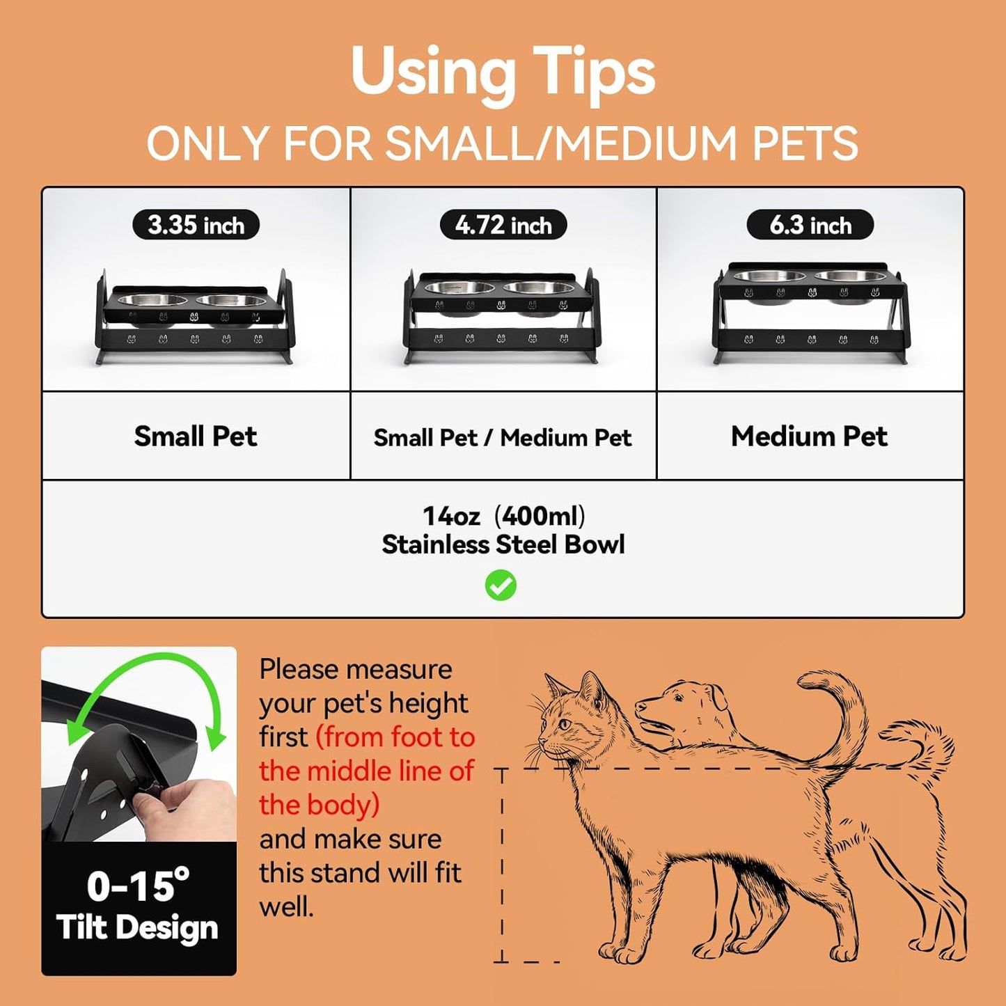 Elevated Dog Bowls with 2 400ml Stainless Steel Bowls for Small Medium Dogs Cats, 3.35''-6.3'' Height Adjustable and 15° Tilted Adjustment Raised Stand, Lifted Pet Food & Water Feeder
