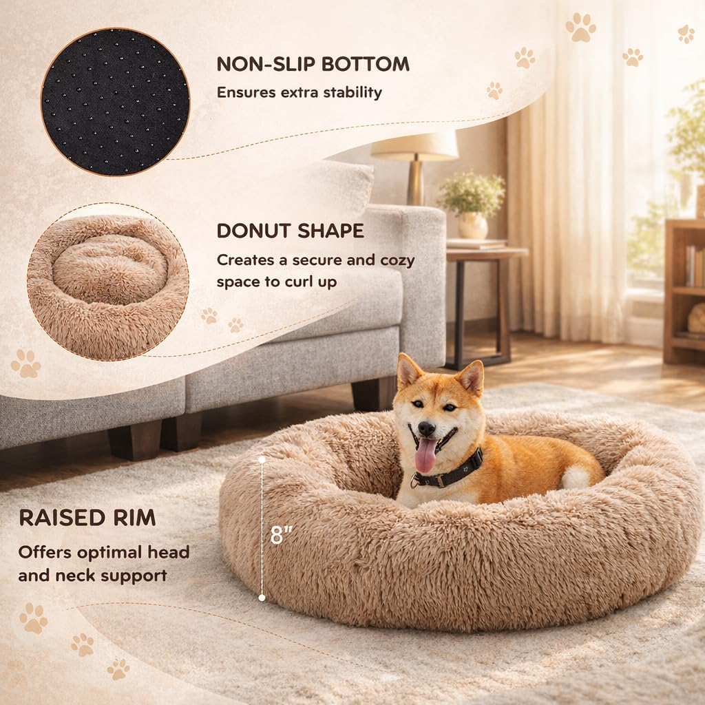 Dog & Cat Bed for Indoor Cats, 24in Calming Donut Pillow mat for Puppy and Kitten, Washable Cooling Round Fluffy Pet Nest for Small Medium Dogs and Cats, Brown