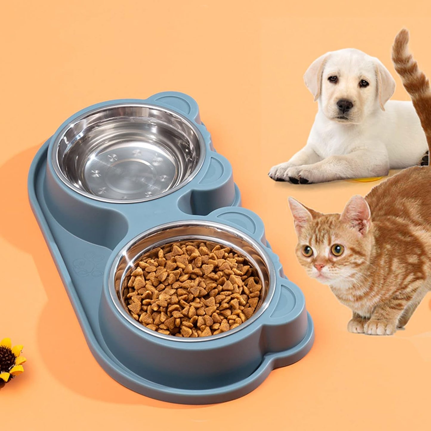 Pet Automatic Feeder + Waterer for Cat Stainless Steel Bowl Anti-Leak Water Fountain 2 in 1 Pet Tableware Dog Water Feed