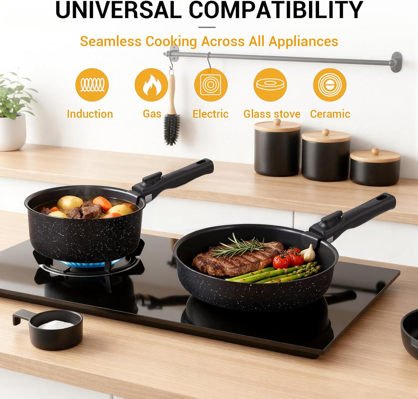 Ammeloo 21 Pcs Pots and Pans Set Non Stick with Detachable Handle & Grill Pan, Induction Ceramic Cookware Set, Non Toxic Kitchen Pots and Pans Set for RVs,Camping, Oven/Dishwasher Safe, Black