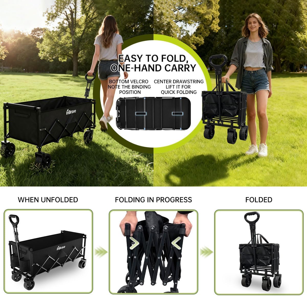 Extra Long Collapsible Wagon Cart, 480LBS Heavy Duty Utility Wagons with All-Terrain Wheels, Foldable Grocery Carts for Gardening, Shopping, Beach, Camping, Black