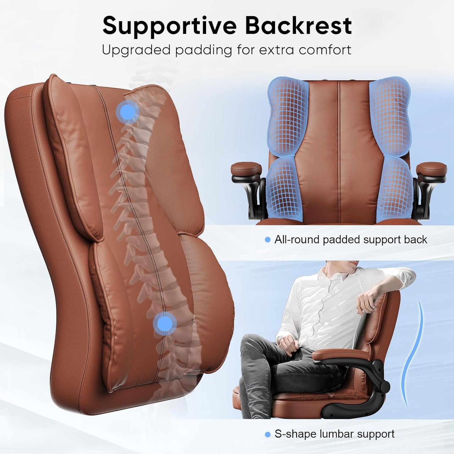 Executive PU Leather Office Chair, Computer Chair with Thick Cushion & Lumbar Support, Ergonomic Desk Chair with Adjustable Headrest & Armrests,Brown