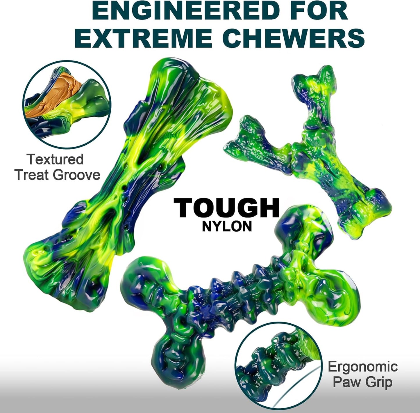 3-Pack Indestructible Dog Chew Toys for Aggressive Chewers, Peanut Butter Nylon Bones for Medium Large Dogs (25-90 lbs), Dental Chews for Boredom & Anxiety (Lucky Green)