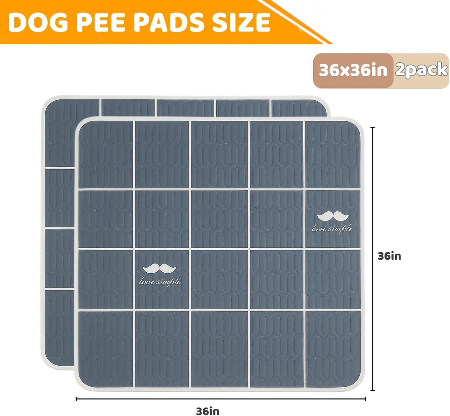 Washable Puppy Pads, 36x36 Inch Reusable & Leak-Proof Dog Potty Training Pads, Super Absorbent Non-Slip Mat for Crate, Playpen, Whelping, Home Travel (Grey, 2-Pack)
