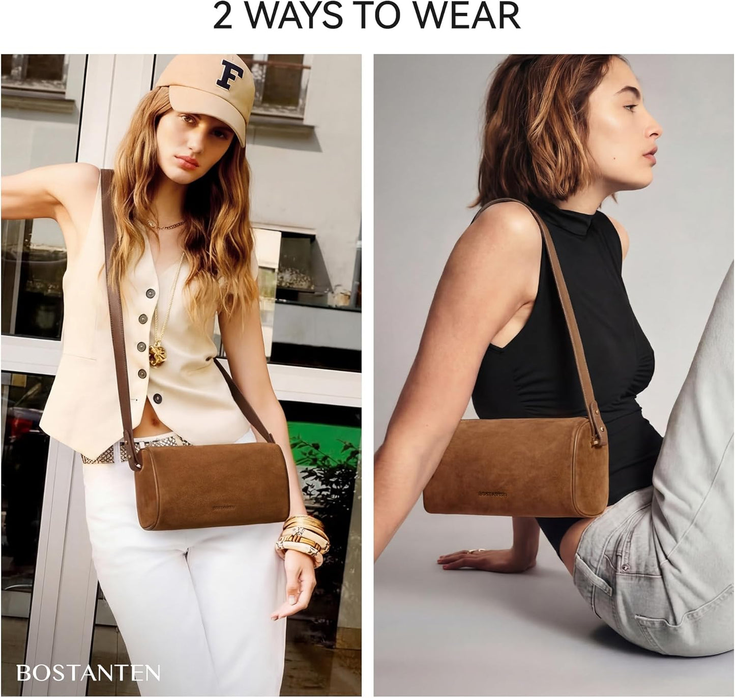 BOSTANTEN Crossbody Purses for Women Suede Leather Shoulder Purse Handbags Vintage Barrel Bag with 2 Adjustable Strap