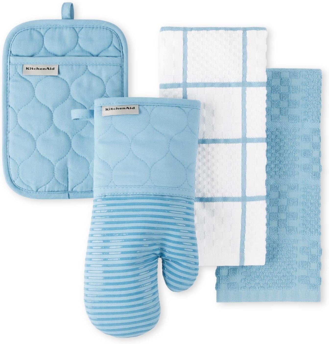 KITCHENAID Quilted Cotton Terry Cloth Oven Mitt, Pot Holder, Kitchen Towel 4-Pack Set, Heat Resistant, Silicone Grip, Gift Set, Blue Velvet, 16"x26", 7"x13" & 7"x10"
