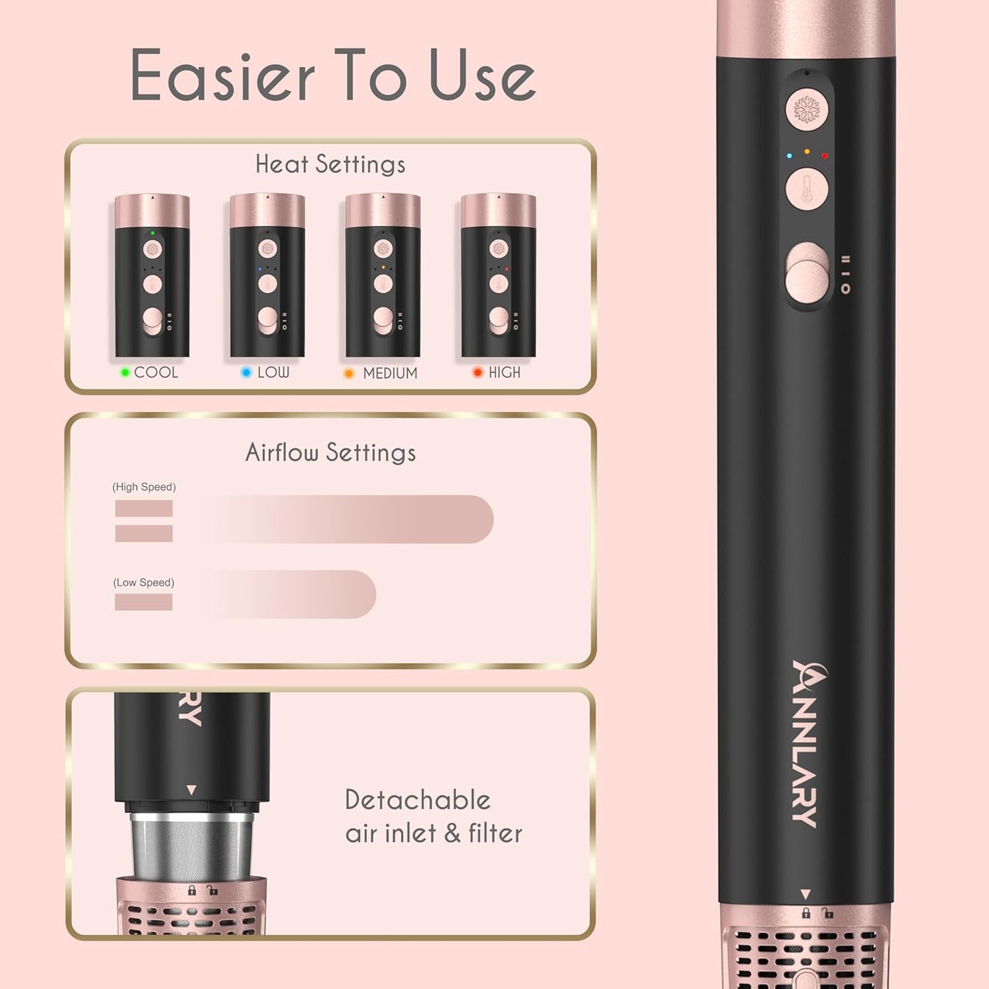 5 in 1 Ionic Hot Air Styler, 1400W Powerful Hair Dryer Brush, Auto-Wrap Curlers, Paddle Brush for Fast Drying, Volumizing with Travel & Storage Bag
