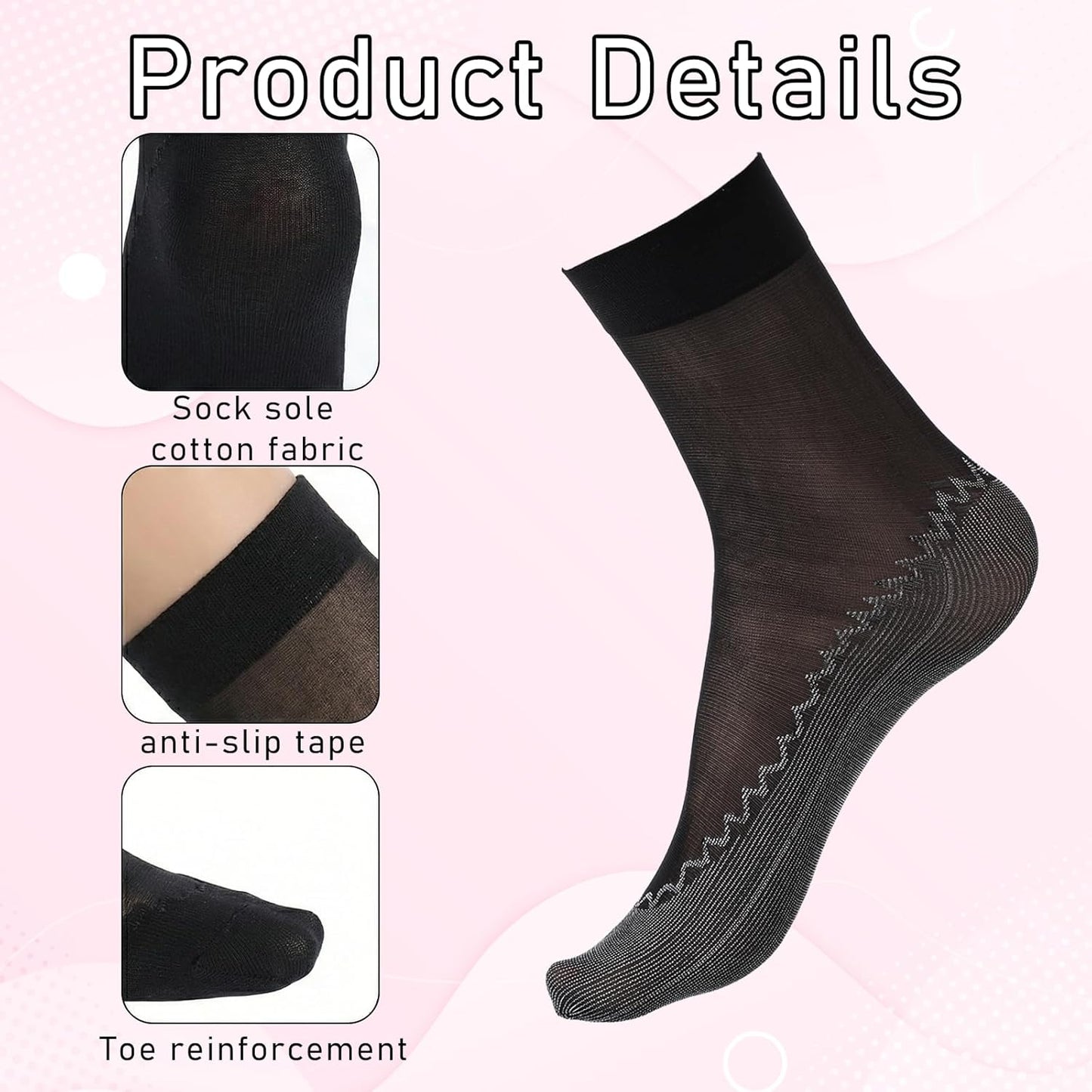 12 Pairs Nylon Socks for Women, Sheer Socks Sheer Ankle High Tights Hosiery Sock Antil-Slip Ankle High Nylons for Women(Black,Black)