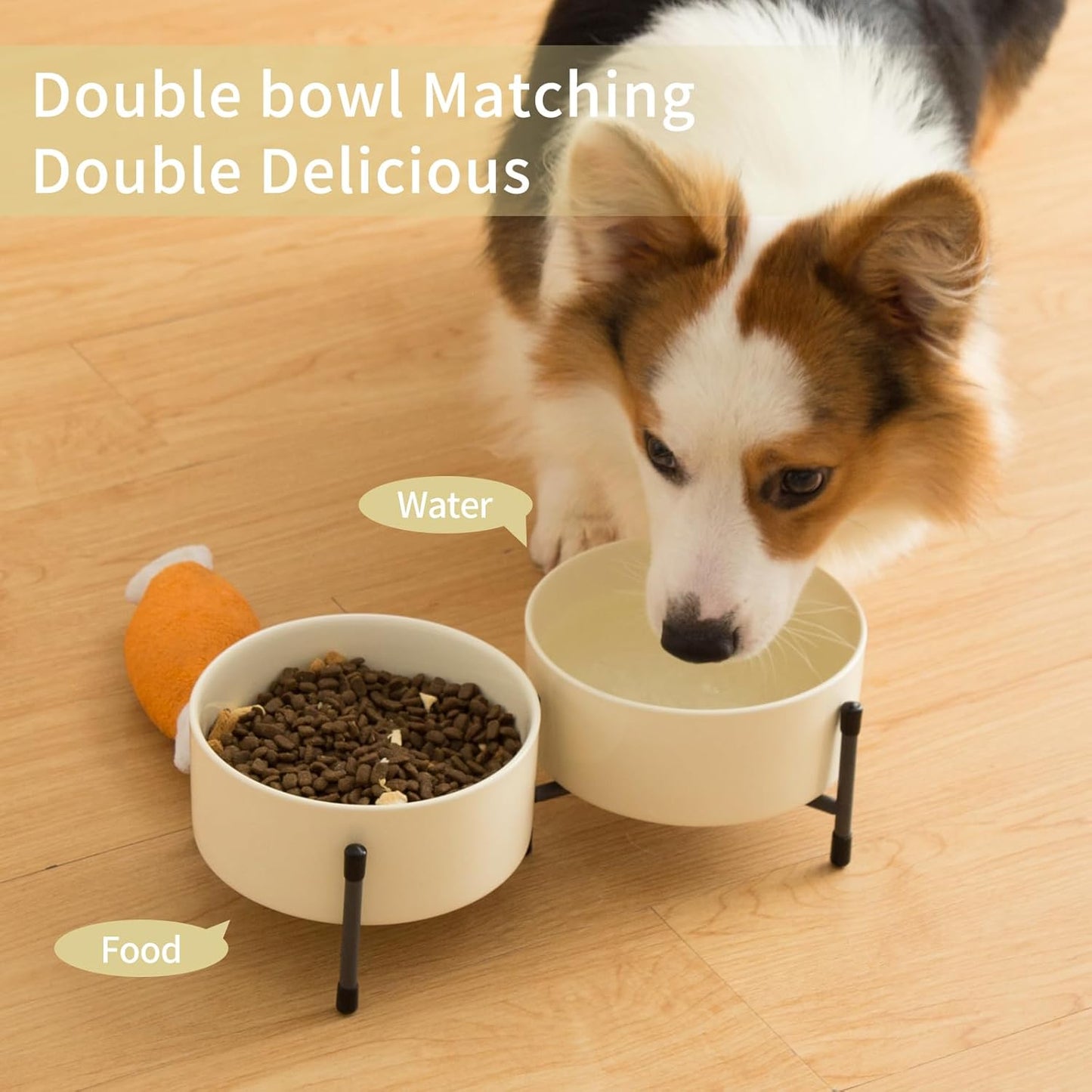 AOMRYOM 32 OZ Ceramic Dog Cat Bowl with Elevated Metal Stand, 6 Inch Ceramic Pet Dish for Food and Water, Pet Feeder Bowls for Cats & Dogs - Set of 2, Beige