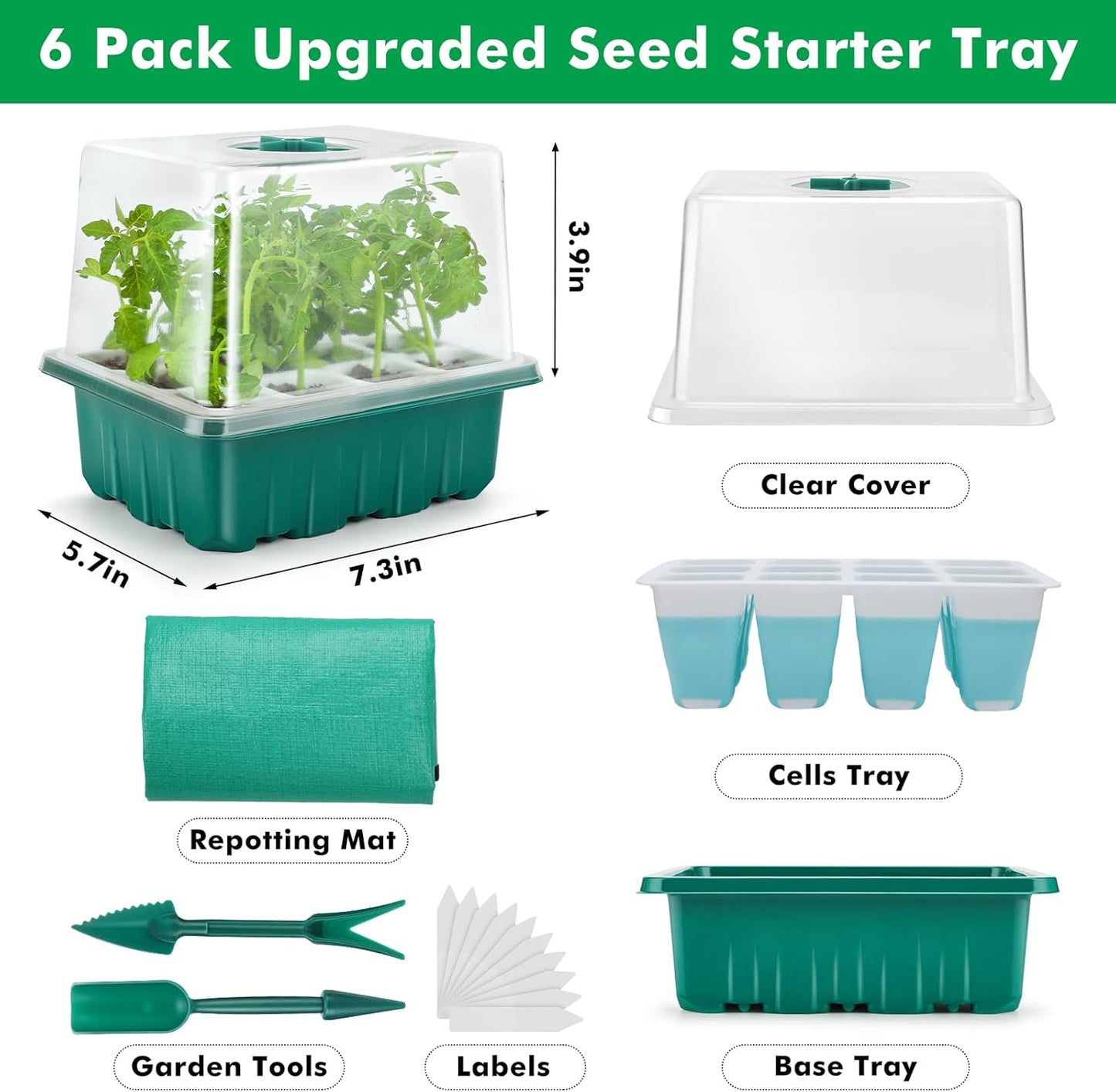 Reusable Seed Starter Tray with 72 Soft Silicone Cells, 6 Pack Seed Starter Kit with Repotting Mat, Humidity Dome and High Lid, Germination Trays for Indoor Greenhouse Seed Starter