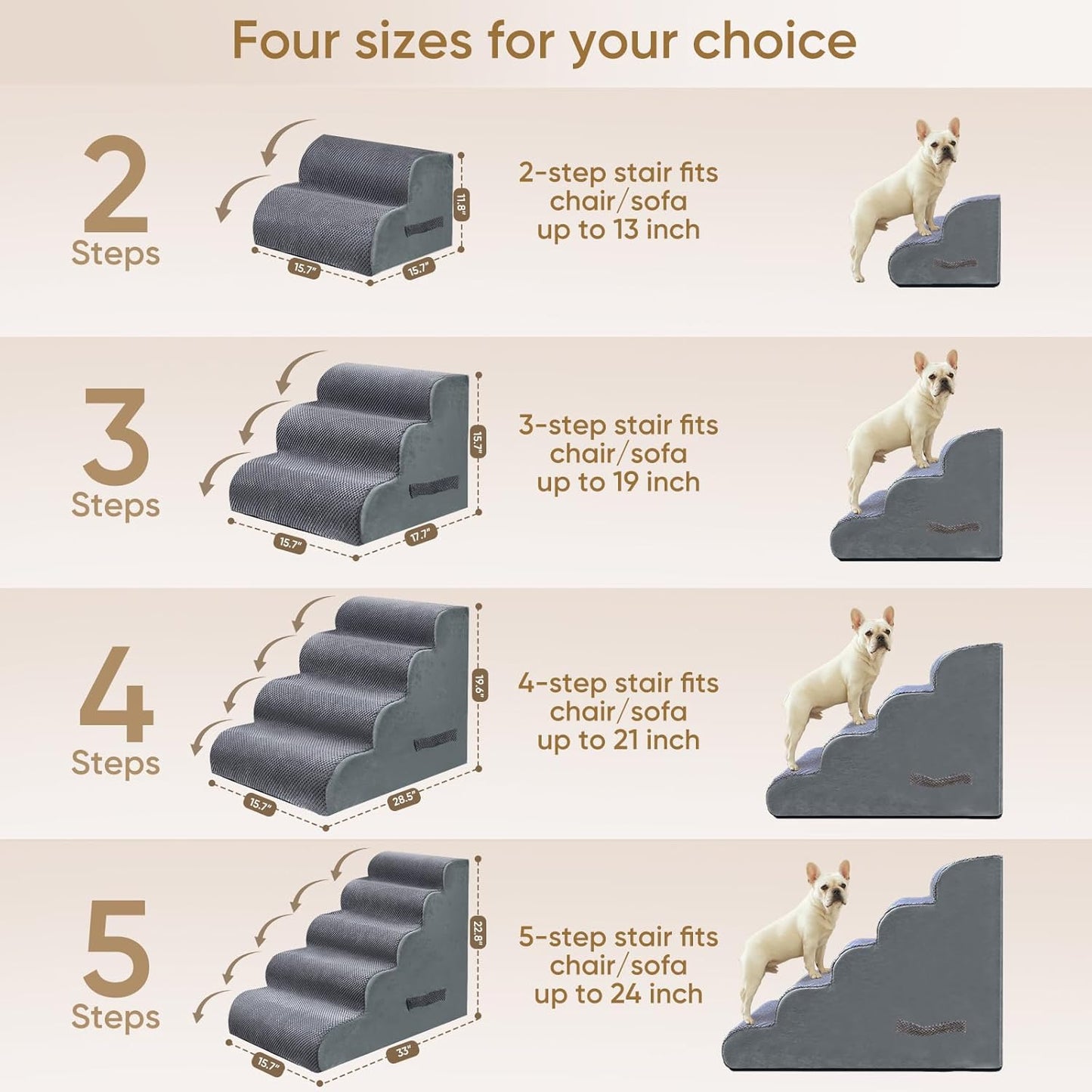 PAWSCART Pet Stairs for Dogs 4-Step, 19.6" H Pet Stairs for High Bed, Couch Sofa & Chair, 30D Material Soft Foam Dog Steps with Non-Slip Bottom Surface Removable Washable Cover, Grey