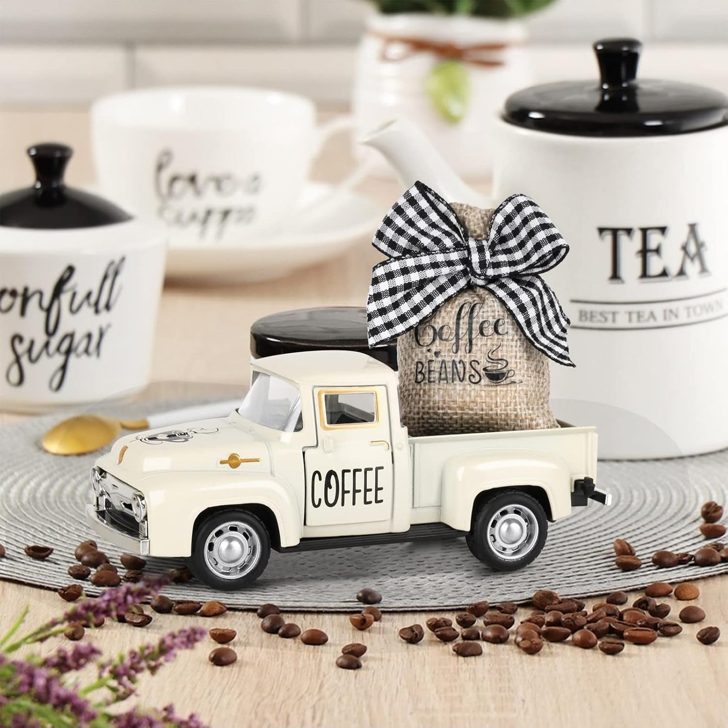 Hooqict Coffee Decor for Coffee Bar Metal Truck with Coffee Beans Burlap Sack Vintage Pickup for Farmhouse Kitchen Decor Coffee Station Home Coffee Bar Accessories Coffee Shop Decor