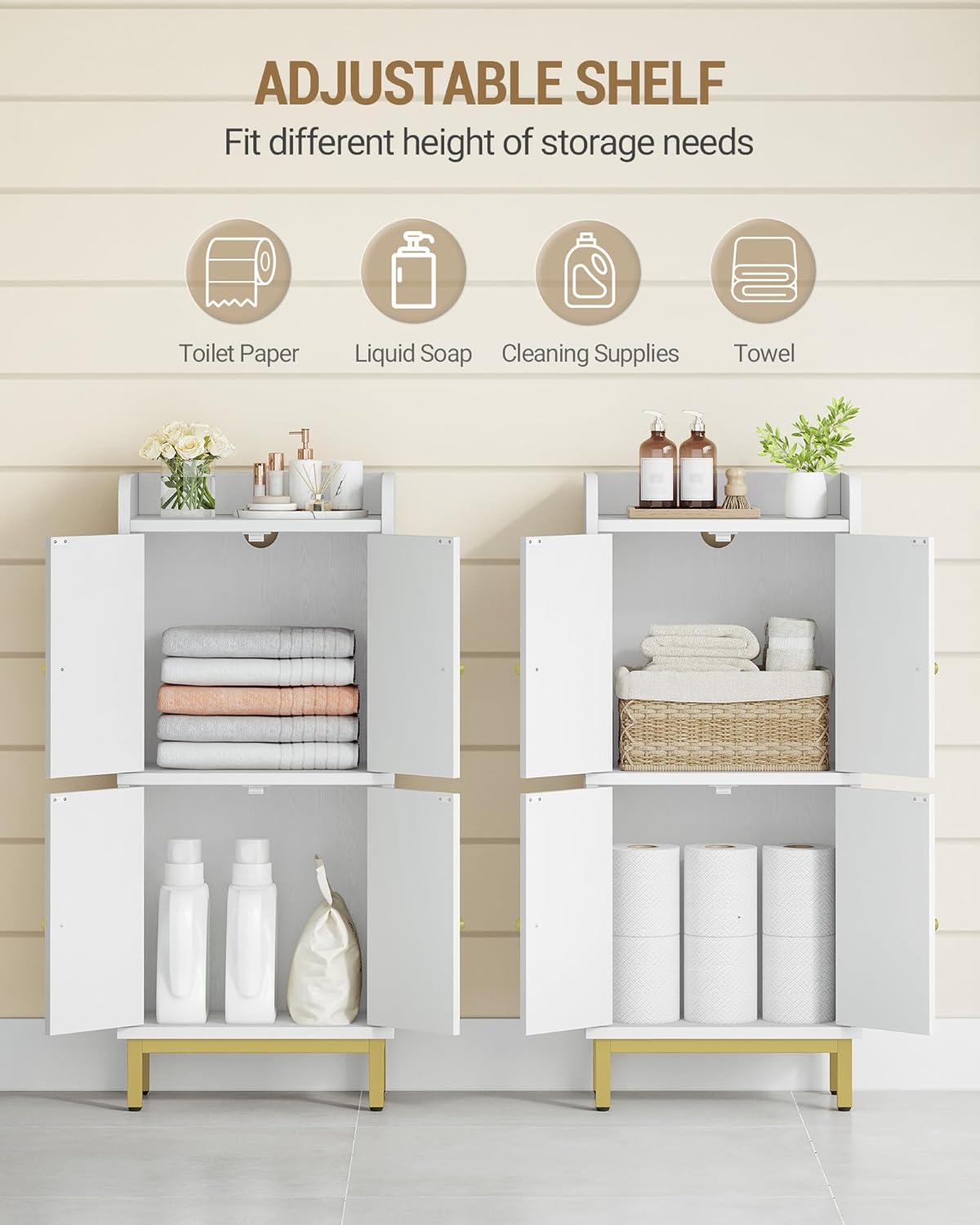 Bathroom Cabinet, Small Storage Cabinet with 4 Doors, Bathroom Organizers and Storage Cabinets with Adjustable Feet. Cabinets Freestanding for Living Room, Kitchen, 7.1"D x 14.6"W x 32.7"H