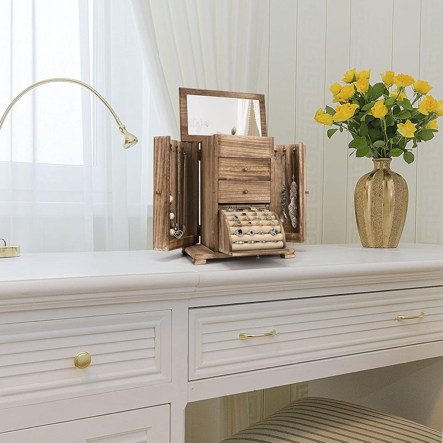 Emfogo Jewelry Box for Women, Rustic Wooden Jewelry Boxes & Organizers with Mirror, 4 Layer Jewelry Organizer Box Display for Rings Earrings Necklaces Bracelets (Rustic Brown)