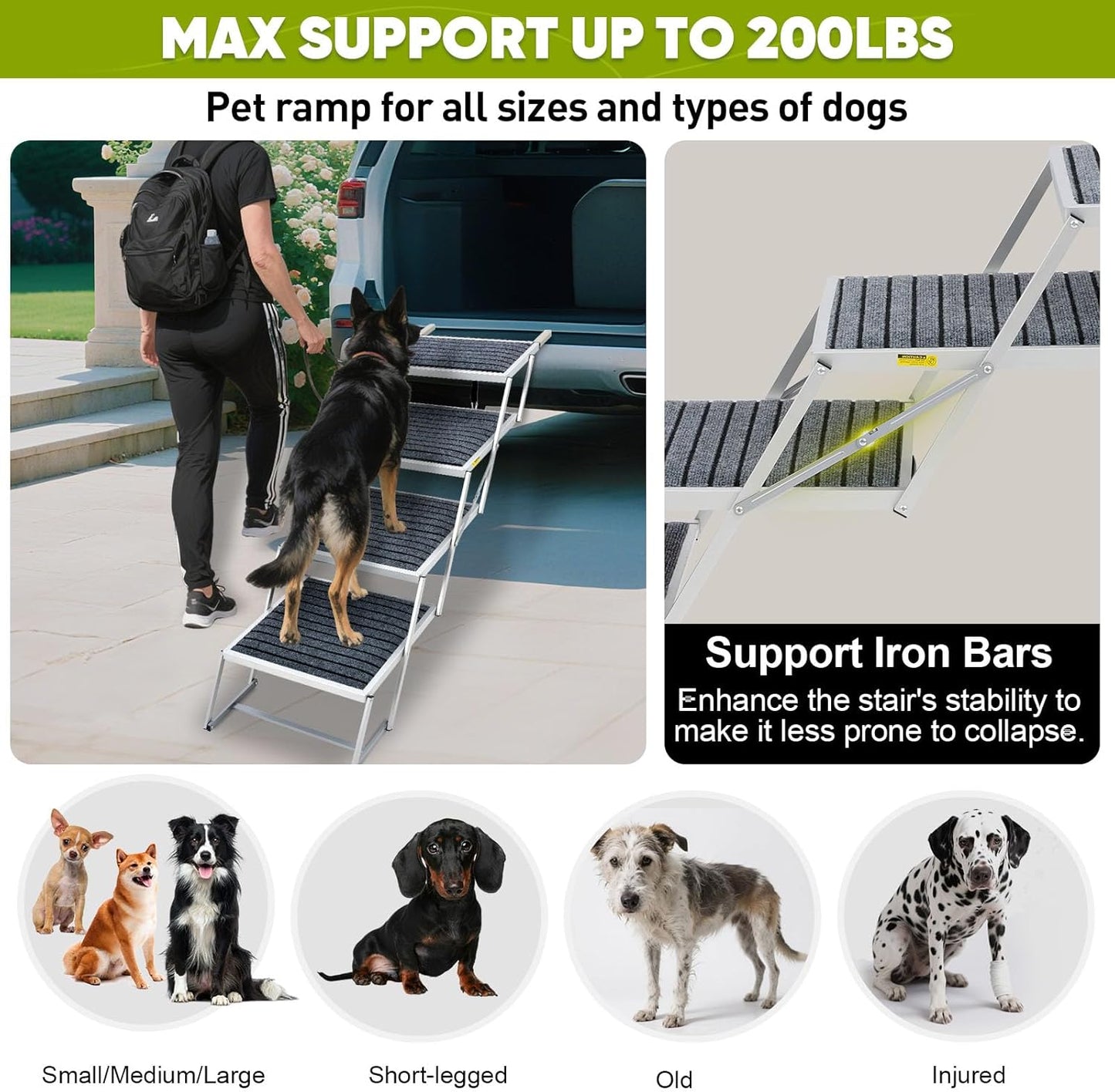 Extra Wide Dog Stairs for Large Dogs, Dog Stairs for Cars, Foldable Dog Ramp,Light Weight Aluminum,High Beds,for SUV Trucks, Supports up to 200 lbs