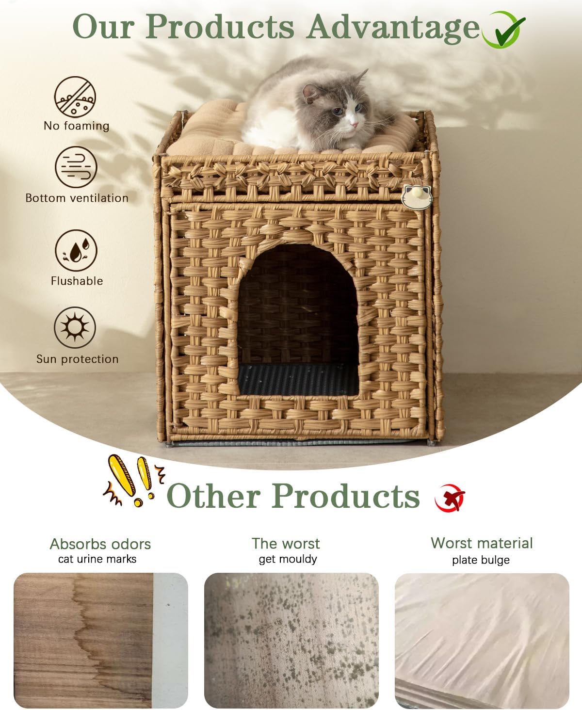 Cat Litter Box Enclosure Furniture, Hidden Litter Box with Mat and Fence, Handwoven Rattan Cat House with Two S-Shaped Hooks for Living Room, Bedroom, 18.5 x 20.5 x 19.1 Inches (Natural)