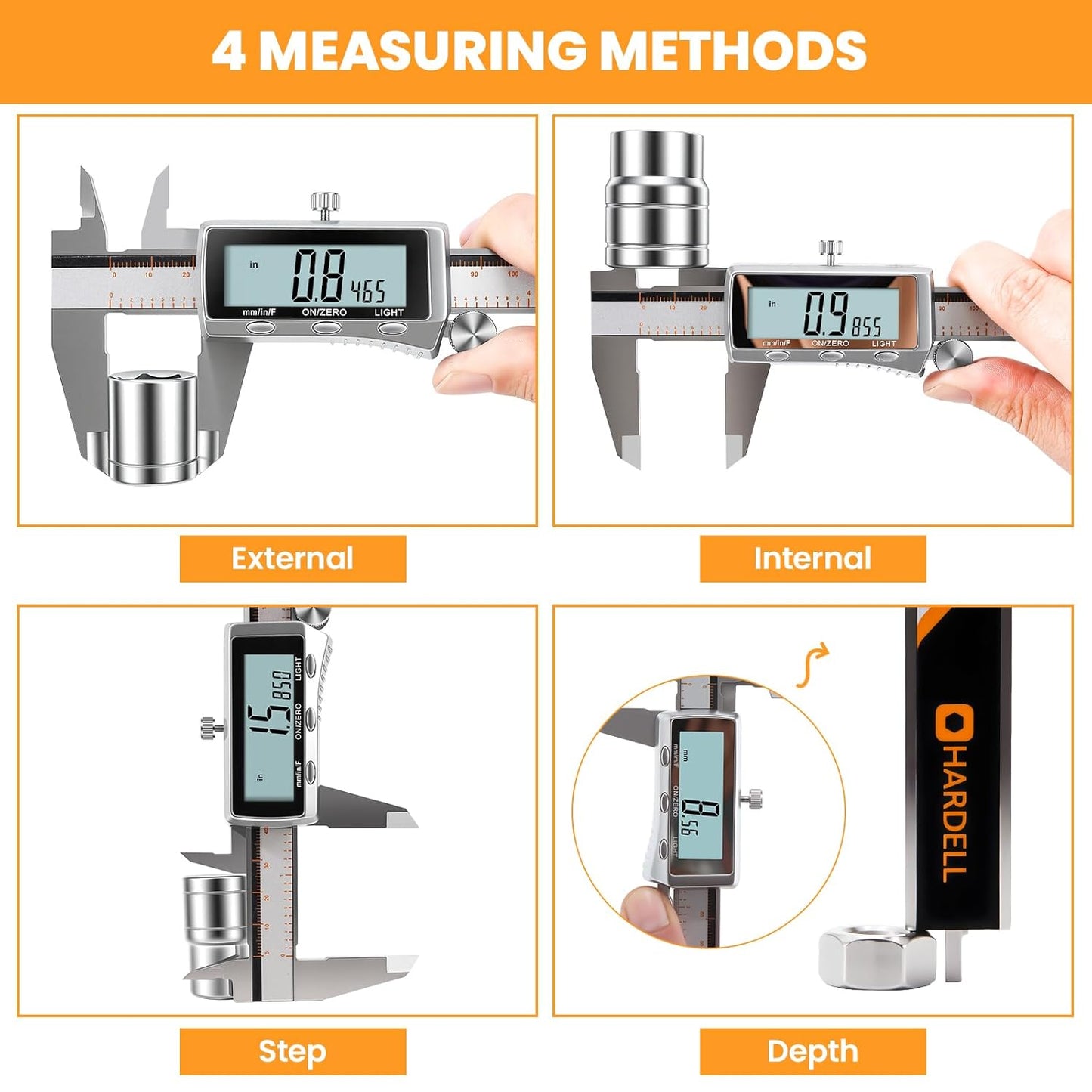 HARDELL Digital Caliper, Rechargeable Caliper Measuring Tool with Backlight LCD Screen, All Metal Calipers, Auto-Off Digital Micrometer, Inch/MM/Fraction for Household/3D-Printing-Rechargeable 6 Inch