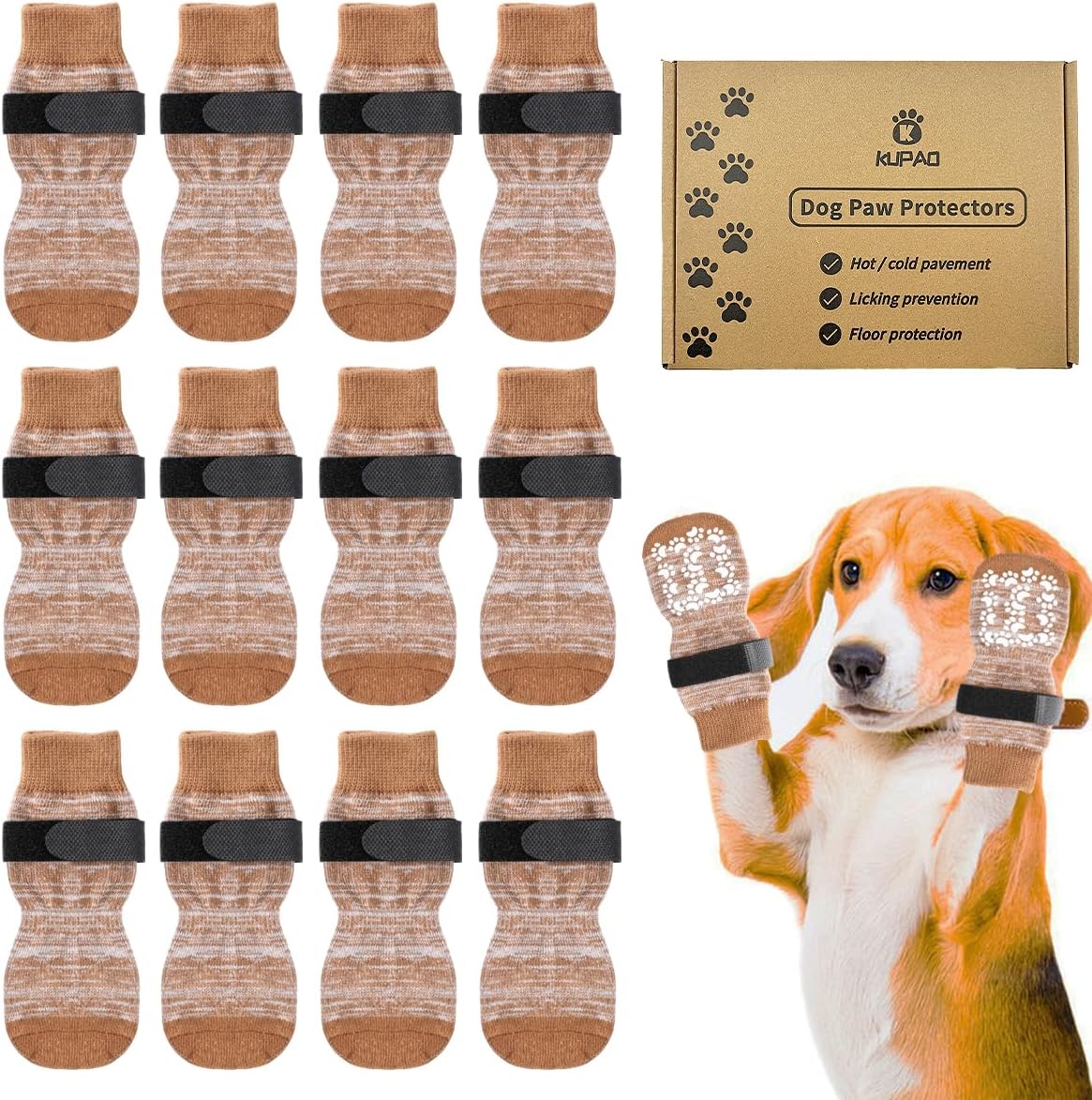 Dog Socks 12 Pack to Prevent Licking Paws, Anti Slip Dog Booties and Paw Protectors for Hardwood Floors Hot Pavement, Suitable for Small Medium Large Senior Dogs - Size Medium,Brown