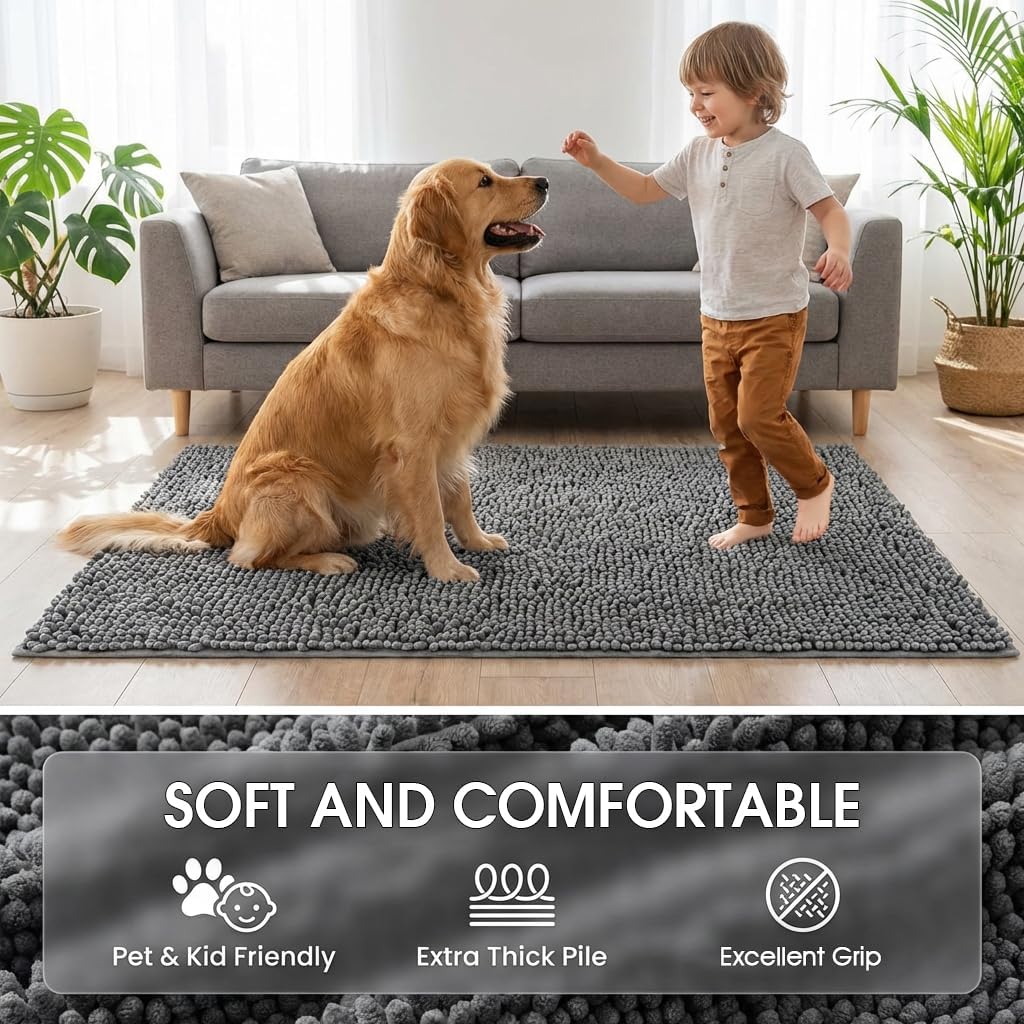 Super Absorbent Dog Door Mat for Muddy Paws, 72"x36" Dirt Trapper Non-Slip Chenille Mat for Mud Dogs, Machine Washable Quick Dry Indoor Entryway Rug, Grey