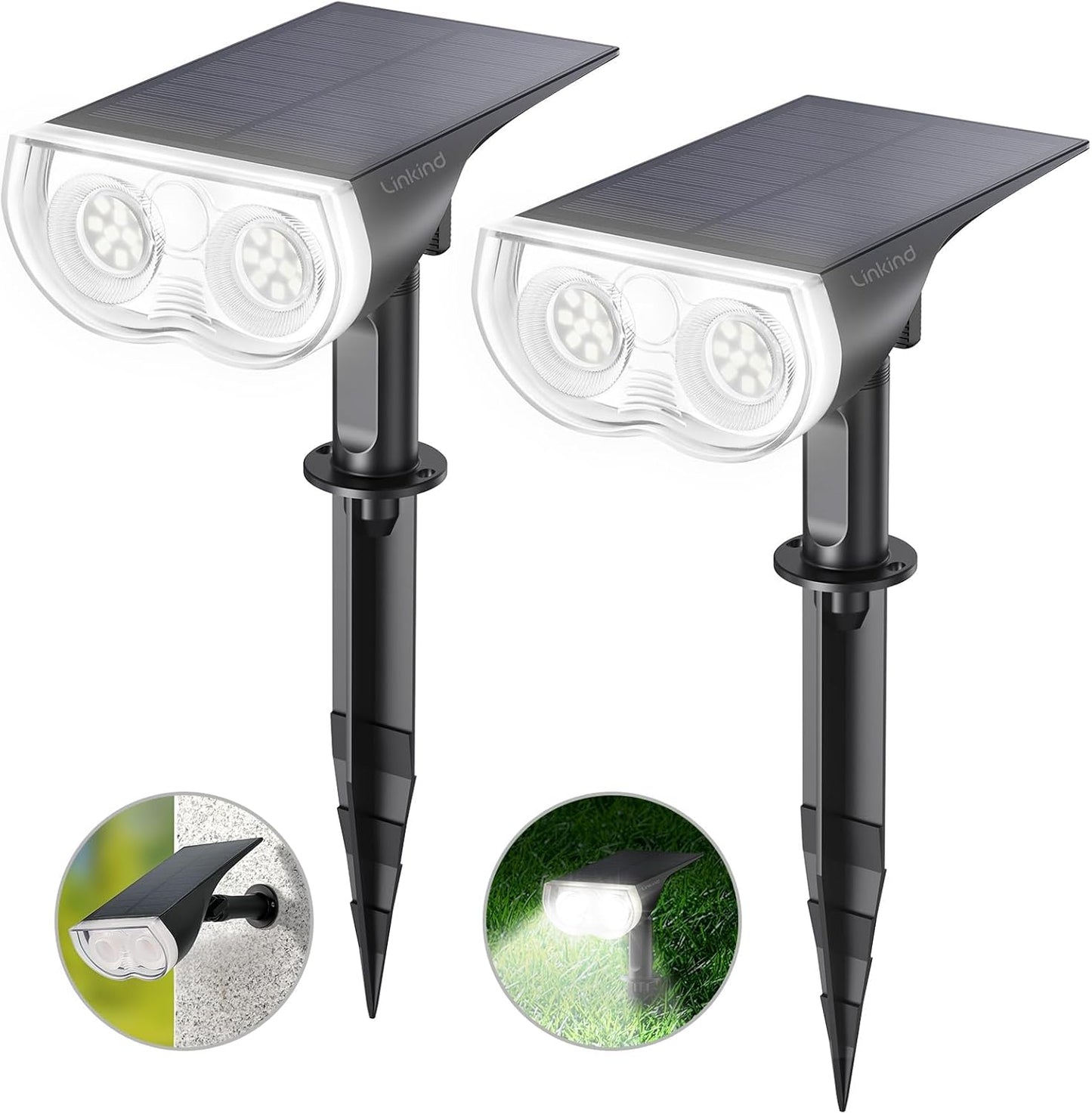 Linkind Solar Lights Outdoor Waterproof IP65, StarRay Dusk-to-Dawn Outdoor Solar Lights, 3 Lighting Modes Solar Spot Lights Outdoor for Garden, Yard, Landscape (Daylight, 2 Pack)