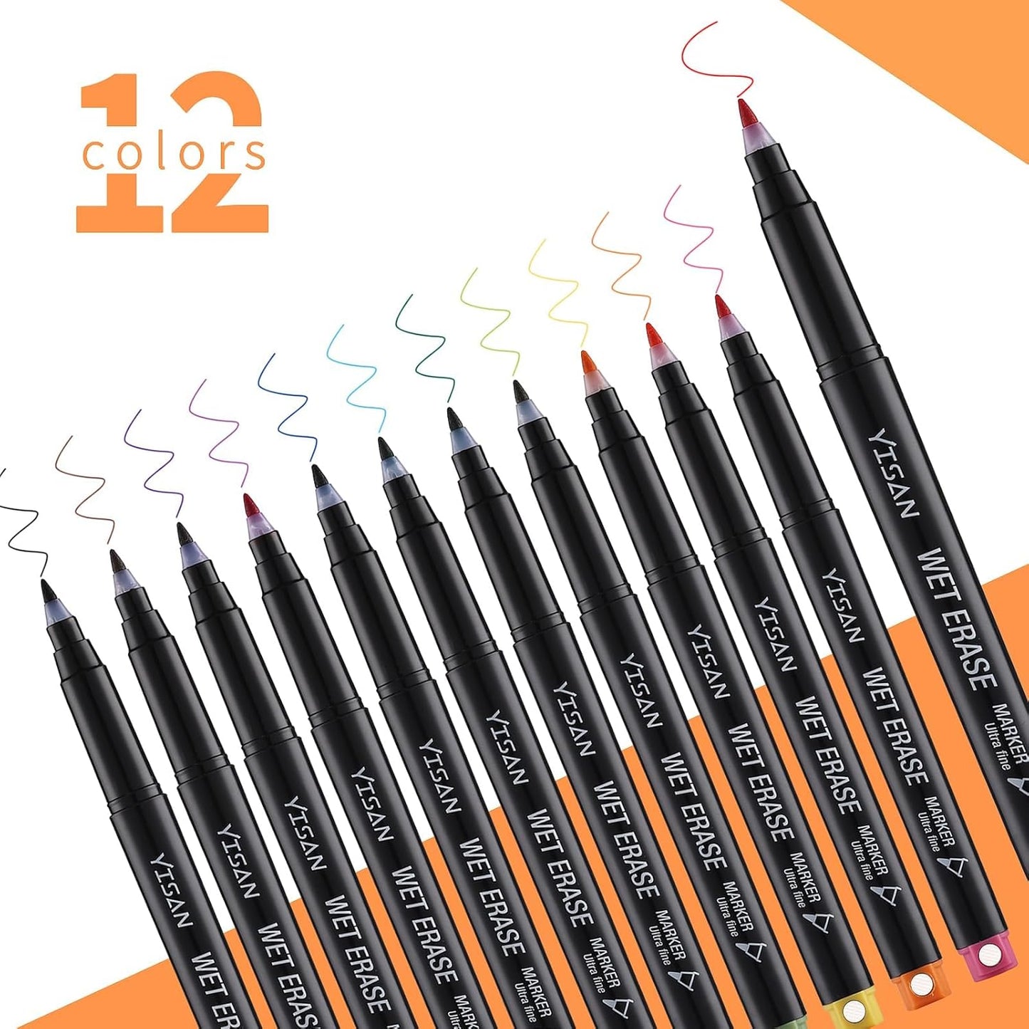 YISAN Ultra Fine Tip Magnetic Wet Erase Markers, 0.7mm Low Odor, 12 Assorted Colors for Whiteboard Use in Office, Home or Planning Board,70580