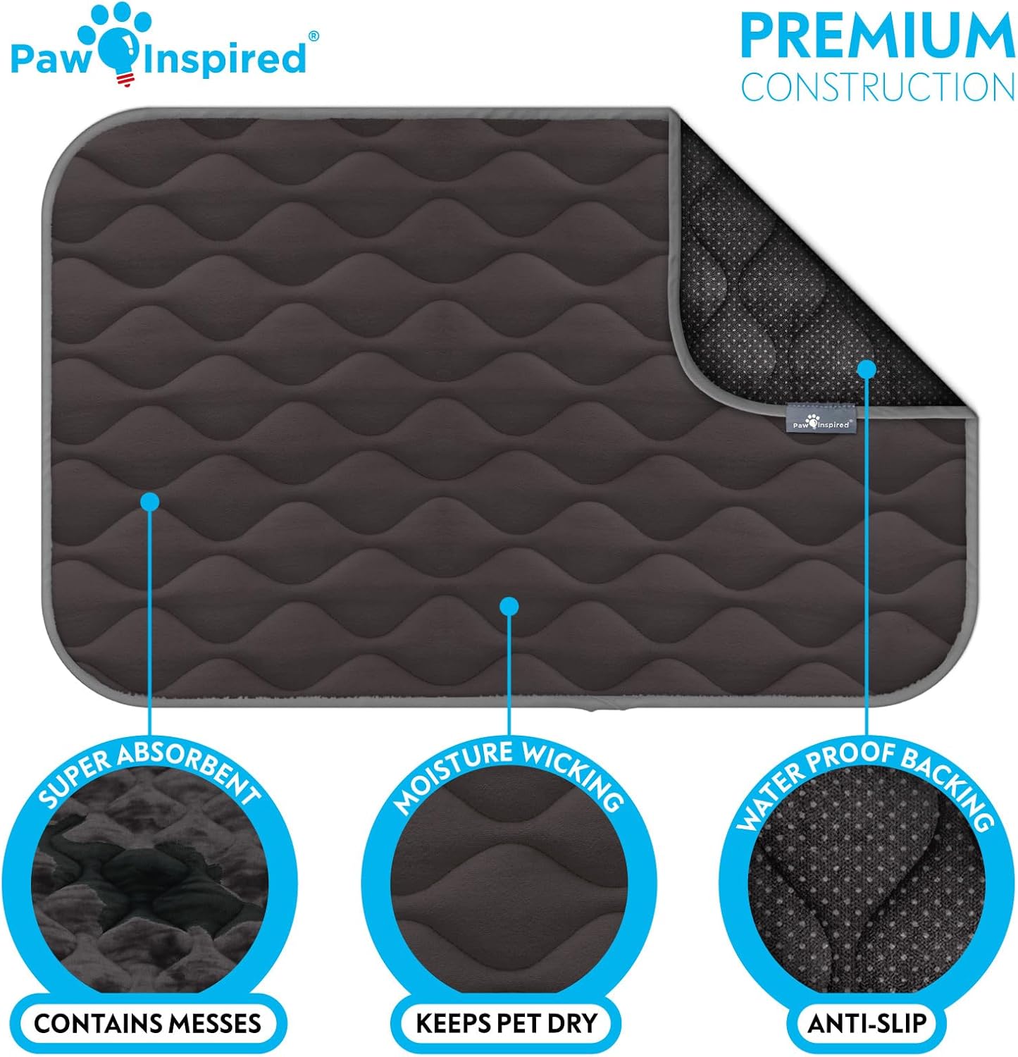 Paw Inspired Washable Padded Crate Mats for Dogs | 41” x 28” Pad, Fits 42-inch Kennels | Leakproof, Waterproof Bottom, Plush Pet Beds (Gray)