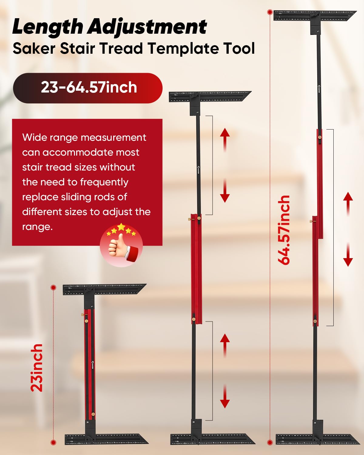 Saker Stair Tread Template Tool,2025 New Stair Measuring Tool,Stair Tread Jig for Measuring Stairs, Adjustable Length Aluminum Alloy Stair Gauge with Edge Stop Bars