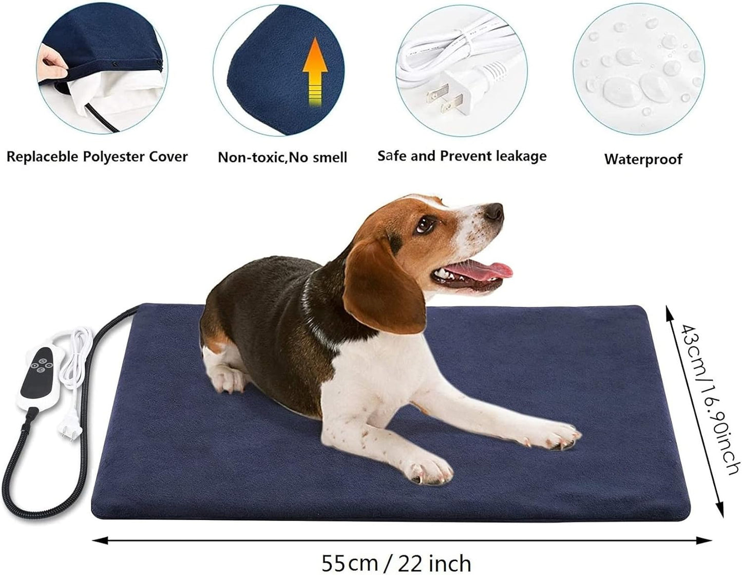 PetHeating Pad for Dogs & Cats with Timer, Temperature Adjustable Electric Heated Cat & Dog Bed, Waterproof Heated Pet Bed Mat