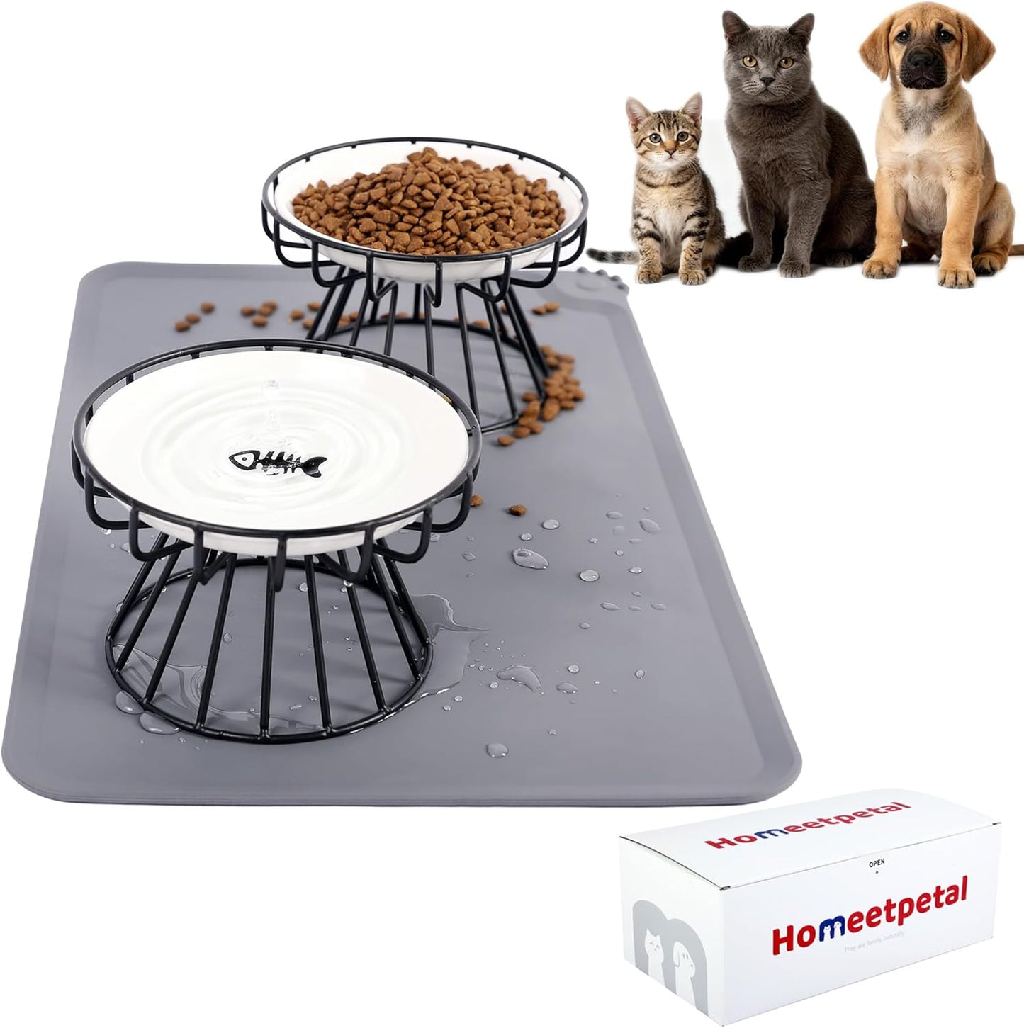 Elevated Ceramic Cat Food Bowl Set with Silicone Mat, Includes 2 Ceramic Bowls and 2 Bowl Stands Protects Neck and Whiskers, Leak-Proof Design, Dishwasher Safe Suitable for Cats and Puppies