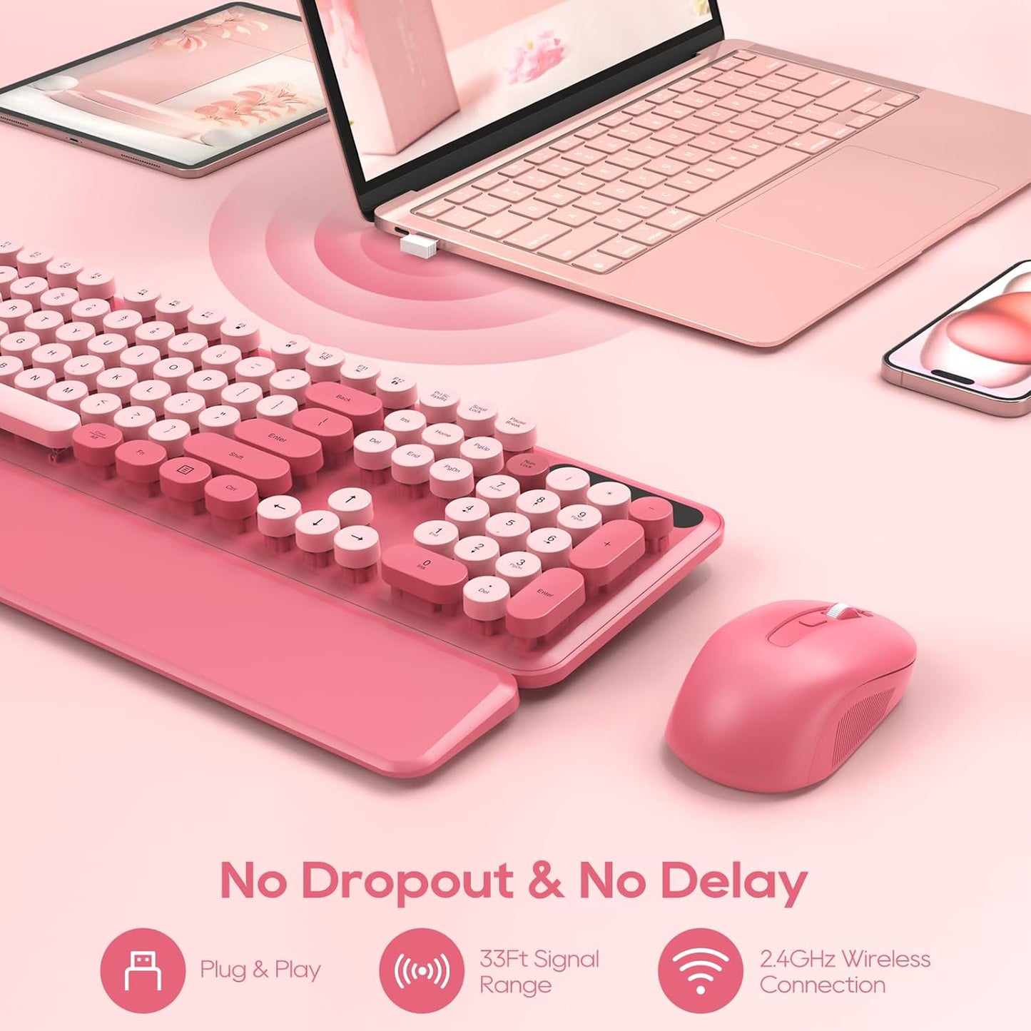 Wireless Keyboard and Mouse Combo, Cute Hot Pink Full-Size Retro Typewriter Keyboard with Round Keycaps, Magnetic Wrist Rest, Tilt Legs, 2.4GHz Cordless for Mac, Windows PC, Laptop, SABLUTE CK23