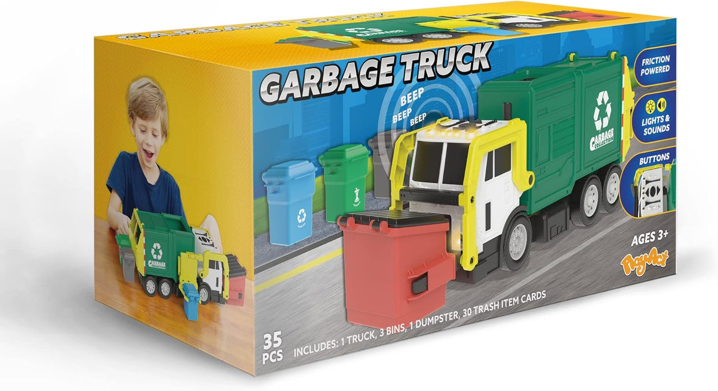 JOYIN Large Friction Powered Garbage Truck Toy Set, Includes Dumpster, Trash Bins, and Learning Cards for Kids, Boy Toys Birthday Gift for Boys Girls Kids Toddler Gift of Easter Basket Stuffers