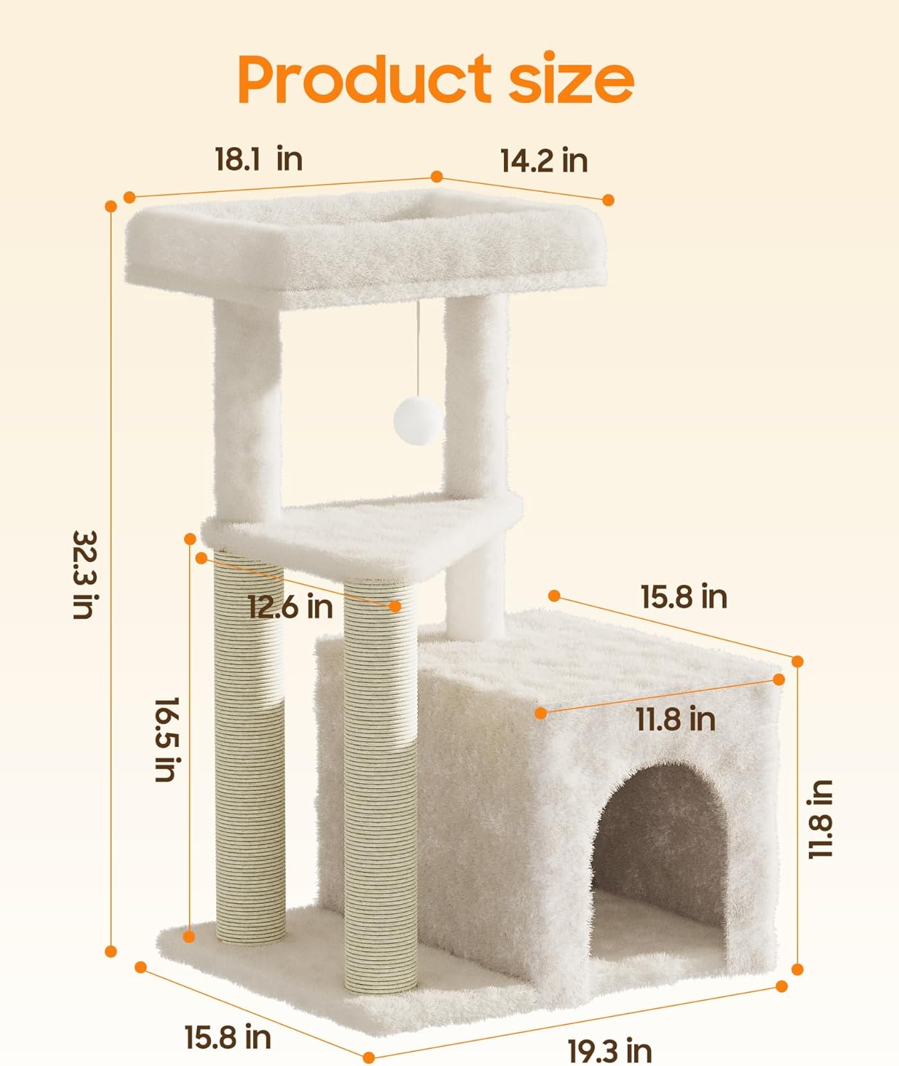 Cat Tree Tower for Indoor Cats, 33 Inches Multi-Level Cat Condo with Scratching Posts, Large Perch, Hanging Toy for Large Adult Cats, Beige