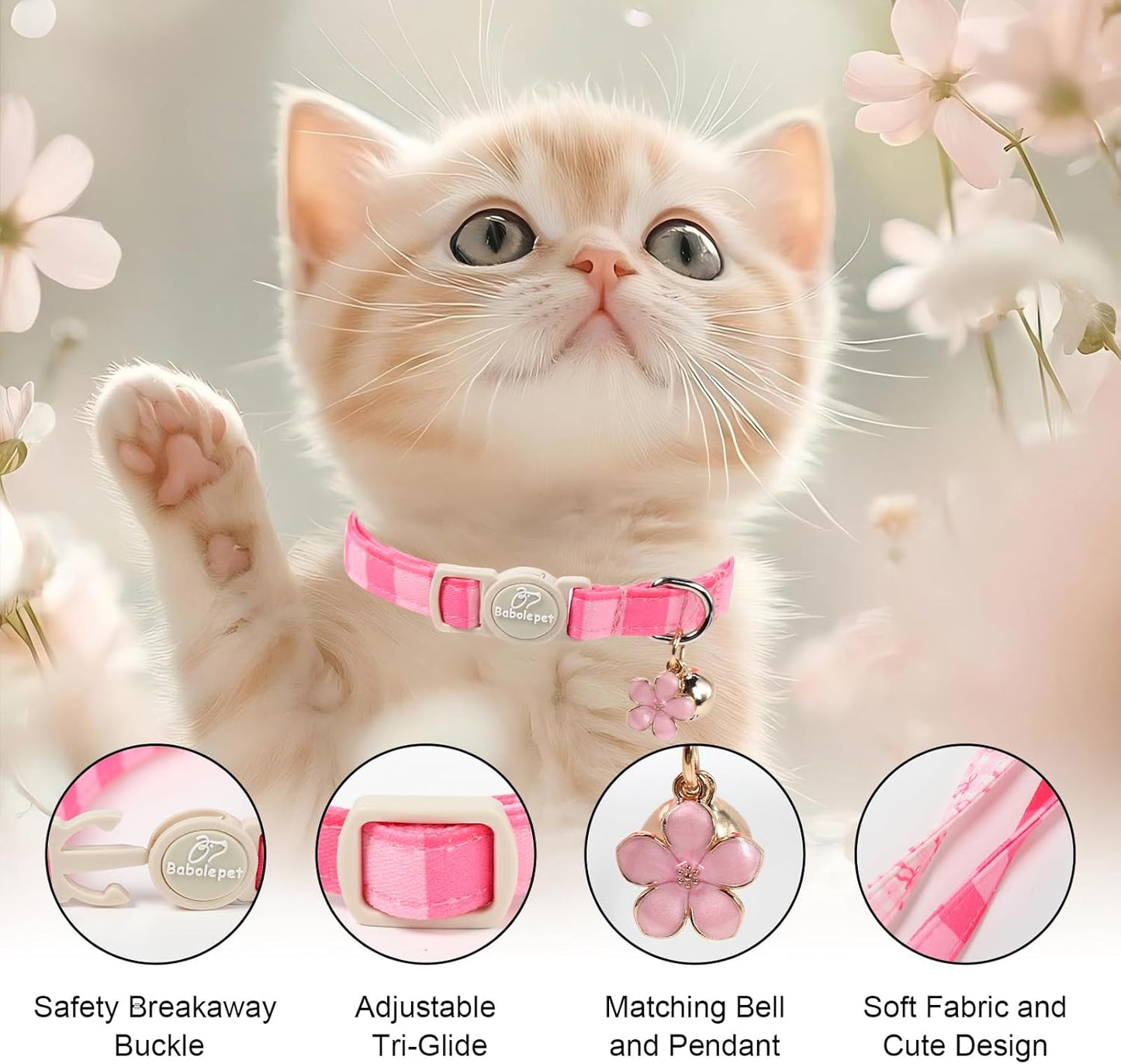 2 Pack Pink Cat Collars - Spring Summer Breakaway Cat Collar with Bell, Bow and Flower Pendant, Adjustable Kitten Collars for Girl Cats, Cute Pink Plaid &Bow