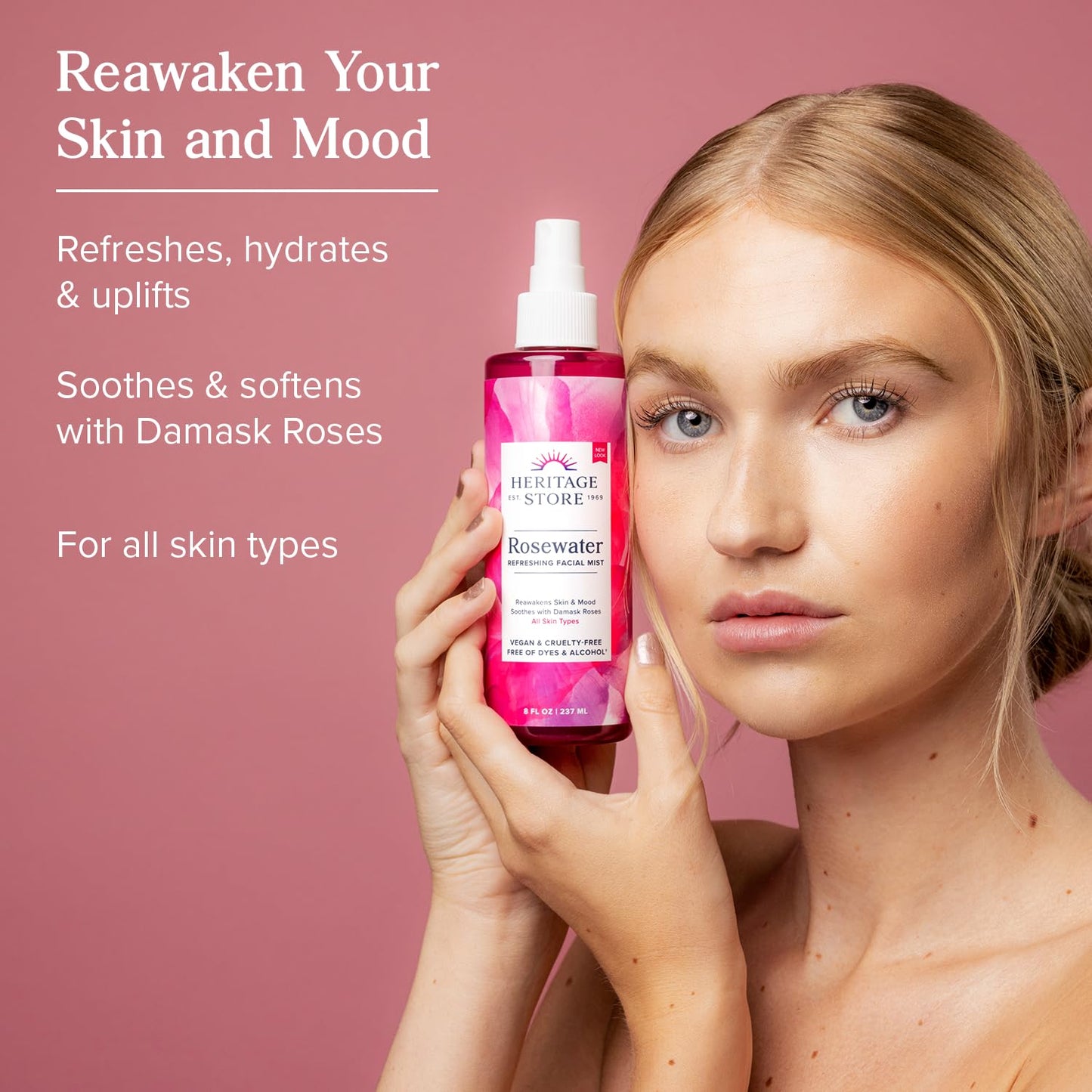 HERITAGE STORE Rosewater - Refreshing Face Mist with Damask Rose, All Skin Types - Hydrating Rose Water Spray for Glowing Skin Care - No Dyes or Alcohol, Hypoallergenic, Vegan, 60-Day Guarantee, 8oz