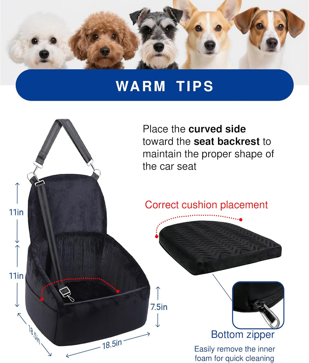 Dog Car Seat for Small Medium Dogs, Dog Booster Seat with Extendable Backrest, Pet Portable Car Seats up to 30 lbs, Washable Travel Bed with Storage Pockets and 2 Safety Leashes, Black