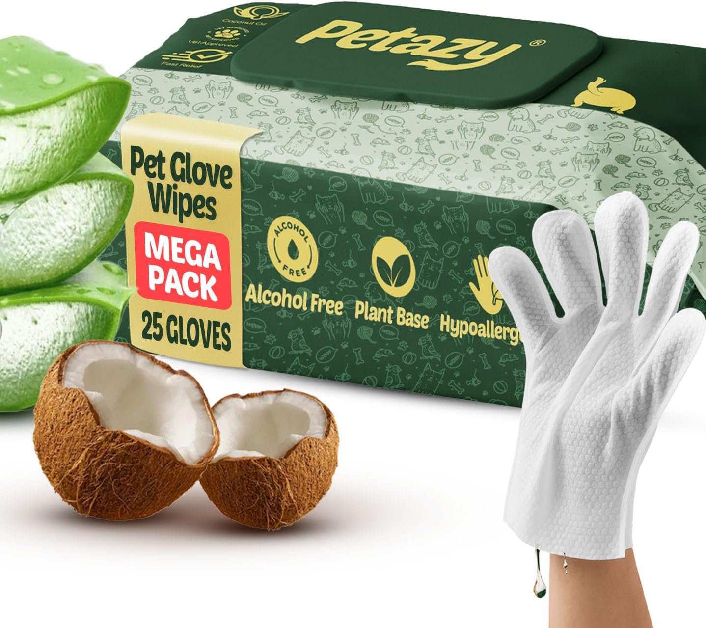 Pet Glove Wipes for Dogs & Cats – Hypoallergenic Thick Cleaning Gloves with Aloe & Coconut Oil for Paws, Face, Ears & Butt, Instant No Rinse Grooming Wipes to Deodorize and Hydrate, 25 Pack