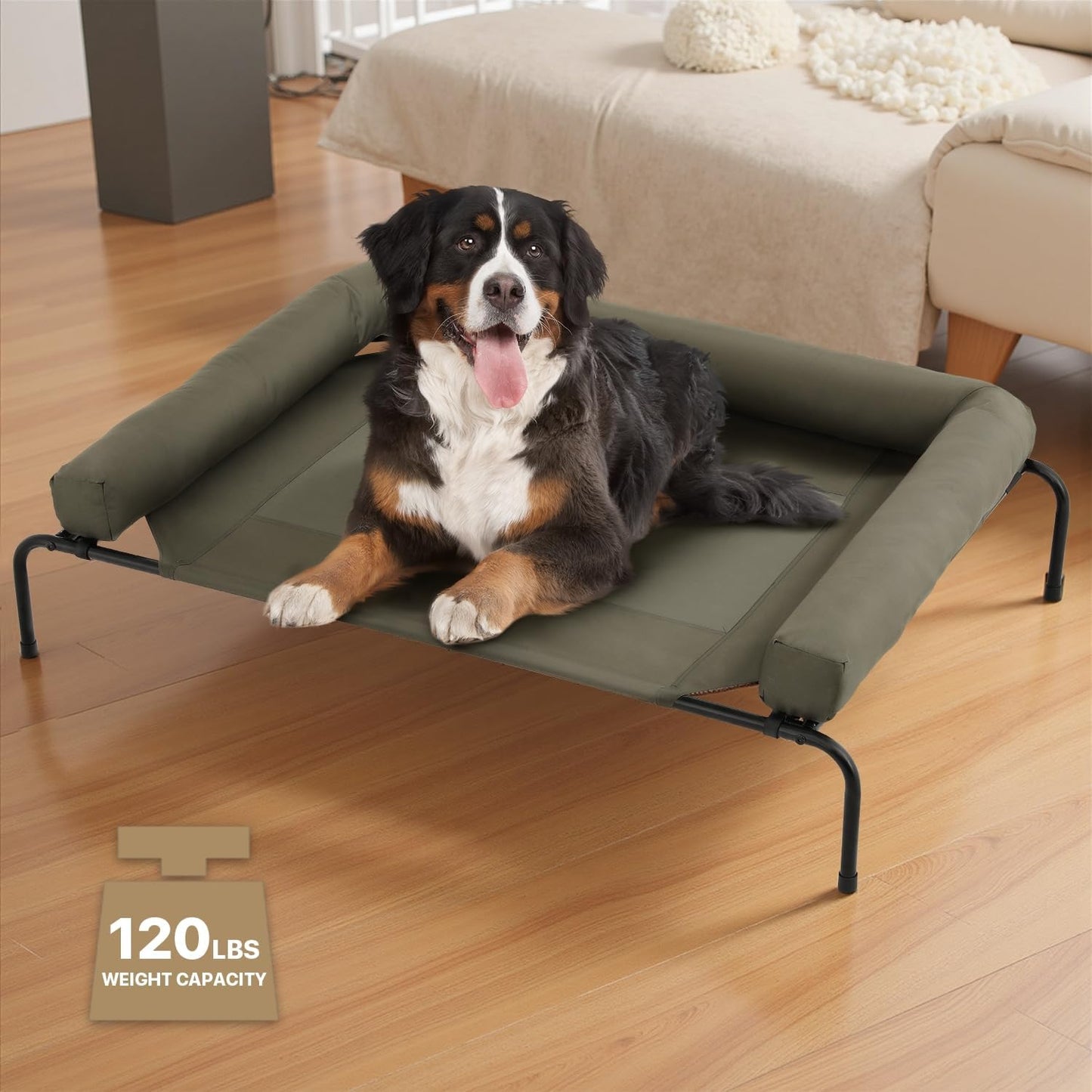 Athena Collection Outdoor Elevated Dog Bed with Removable Bolsters, 55 Inches Raised Dog Cot Washable with Metal Frame Non-Slip Feet for Large Size Dog, Green