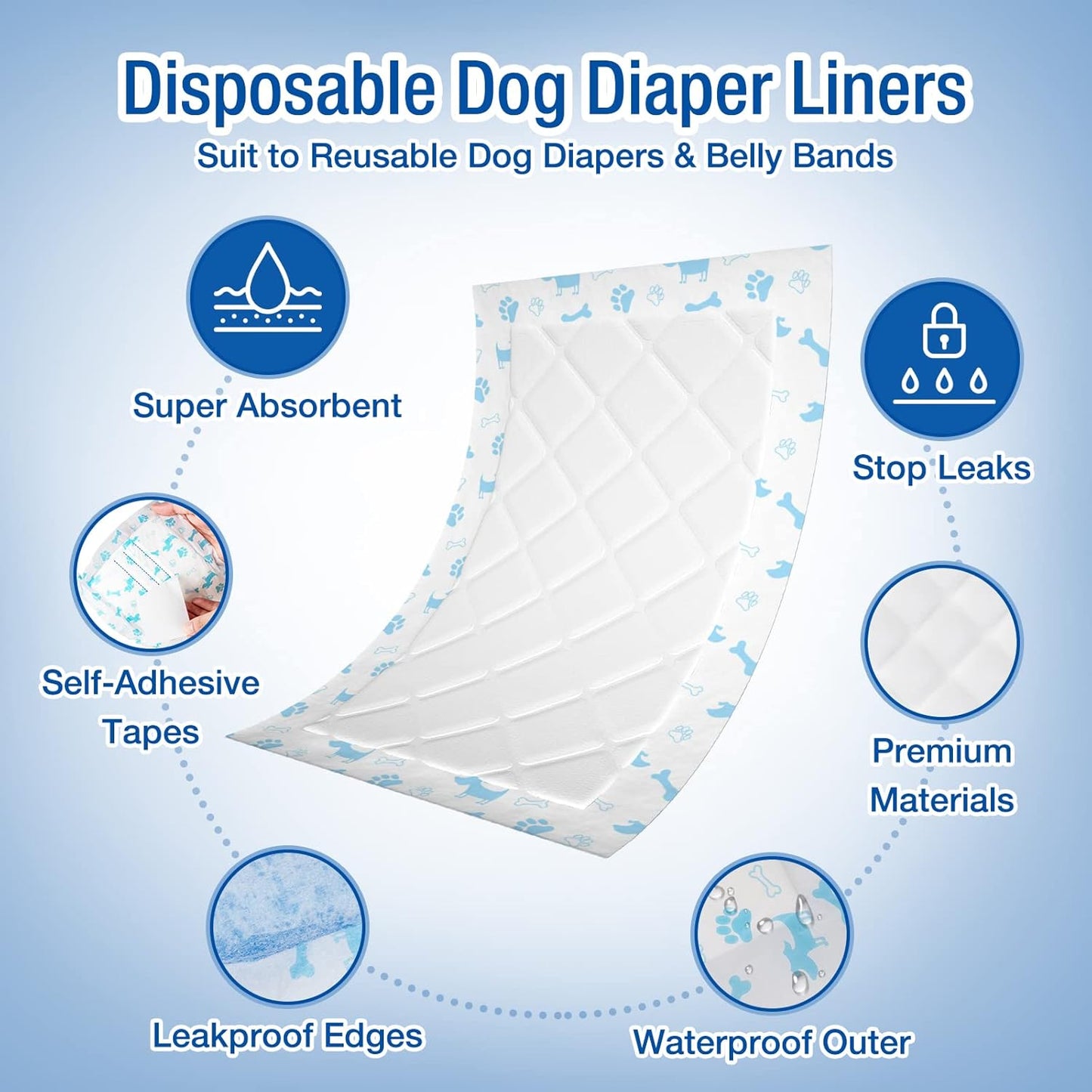 Pet Soft Disposable Dog Diaper Liners Booster Pads - Fit for Most Washable Dog Diapers & Dog Belly Bands Wraps, Ultra Absorbent for Marking, Incontinence, Female in Heat (Blue,S-50)
