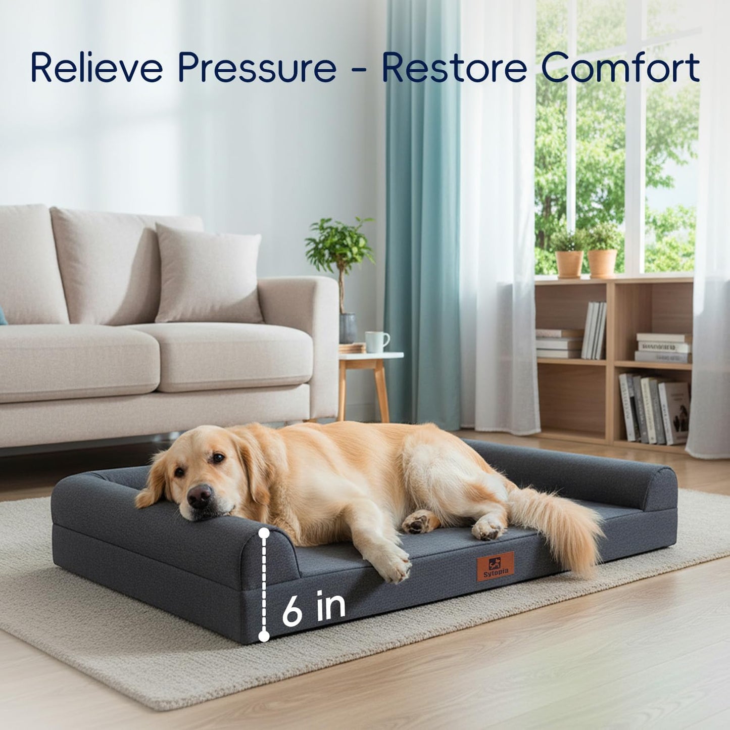 Sytopia Orthopedic Sofa Dog Bed for Extra Large Dogs, Waterproof Foam Pet Couch Bed with Sides, Egg Crate Foam, Removable Washable Cover, 42x30 Inch, Dark Grey