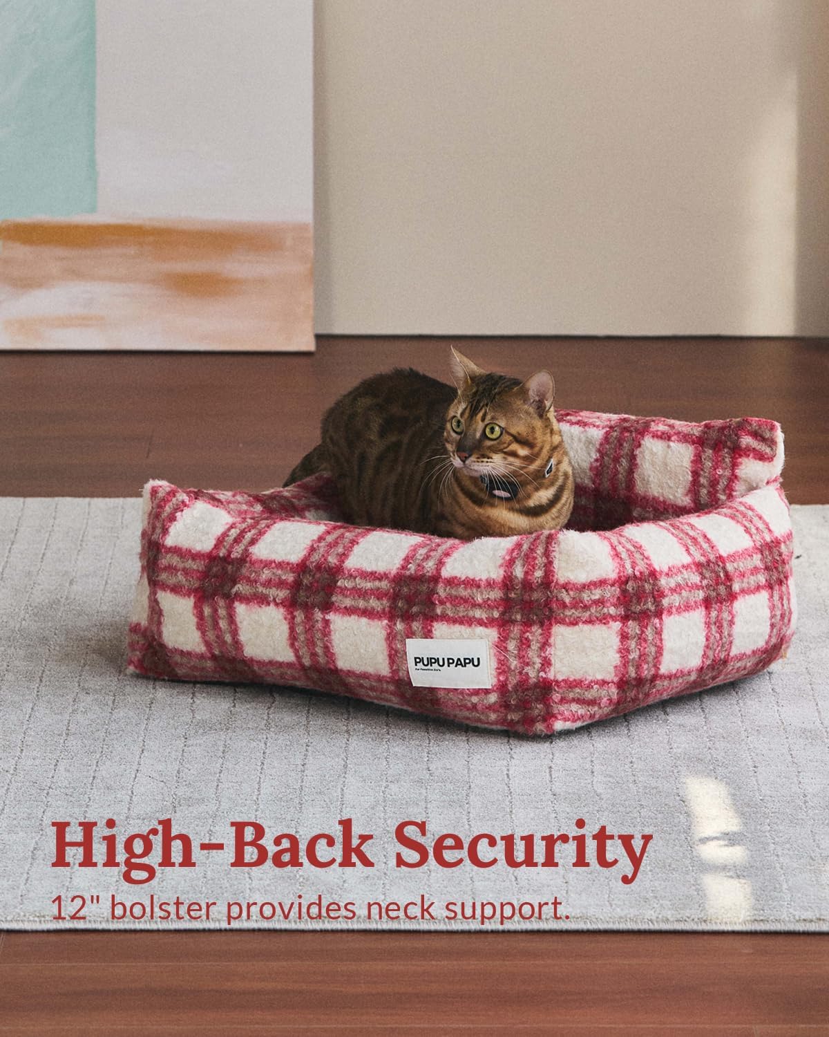 Bouclé Plaid Cat Sofa - Designer Mid-Century Modern Pet Couch, Furniture-Grade Aesthetic Bed for Indoor Cats & Small Pets, Berry Red Rustic Decor, Washable, 21.6"x17.7"